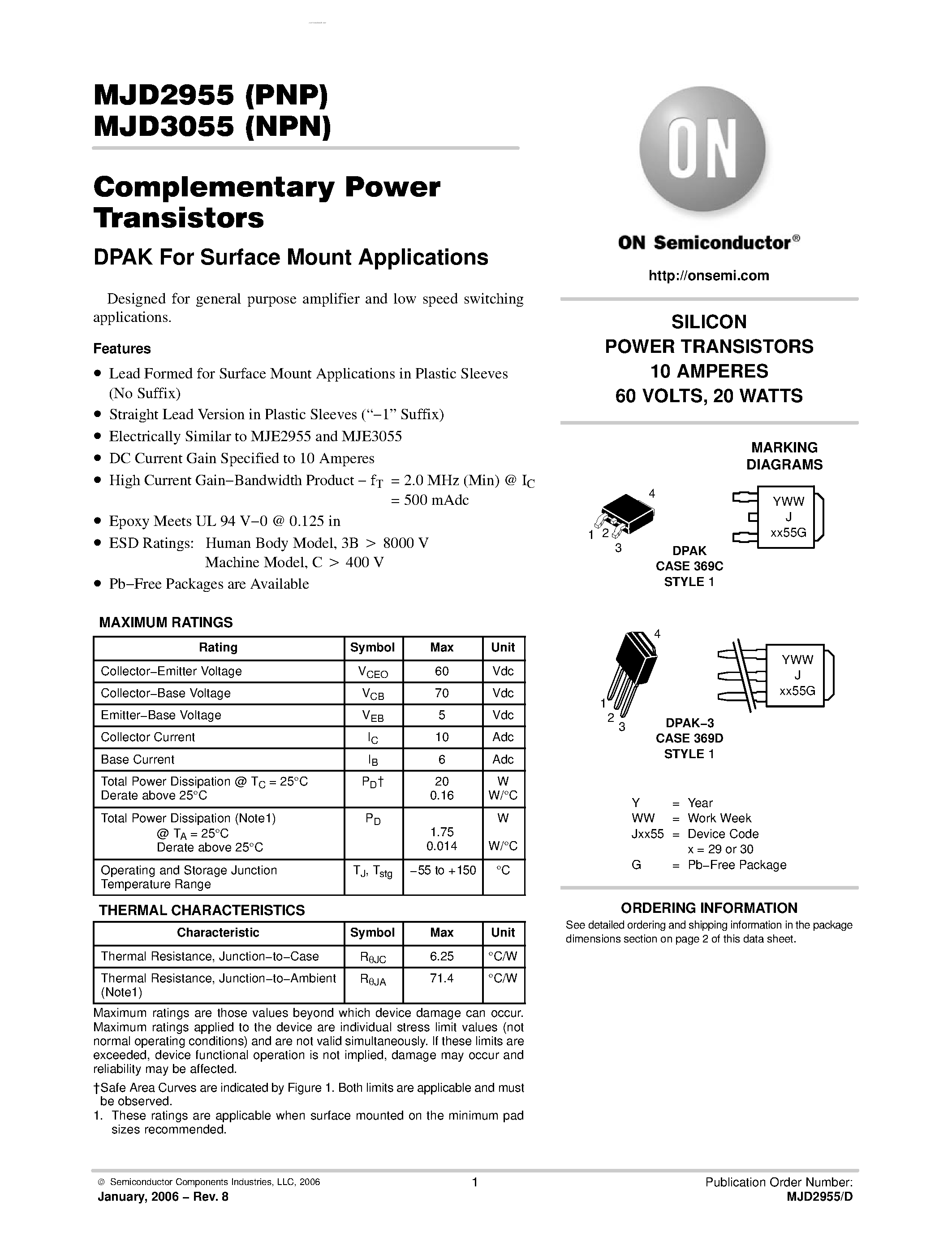 Даташит на микросхему MJD2955 страница 1 Даташит MJD2955 - Complementary Power Transistors страница 1