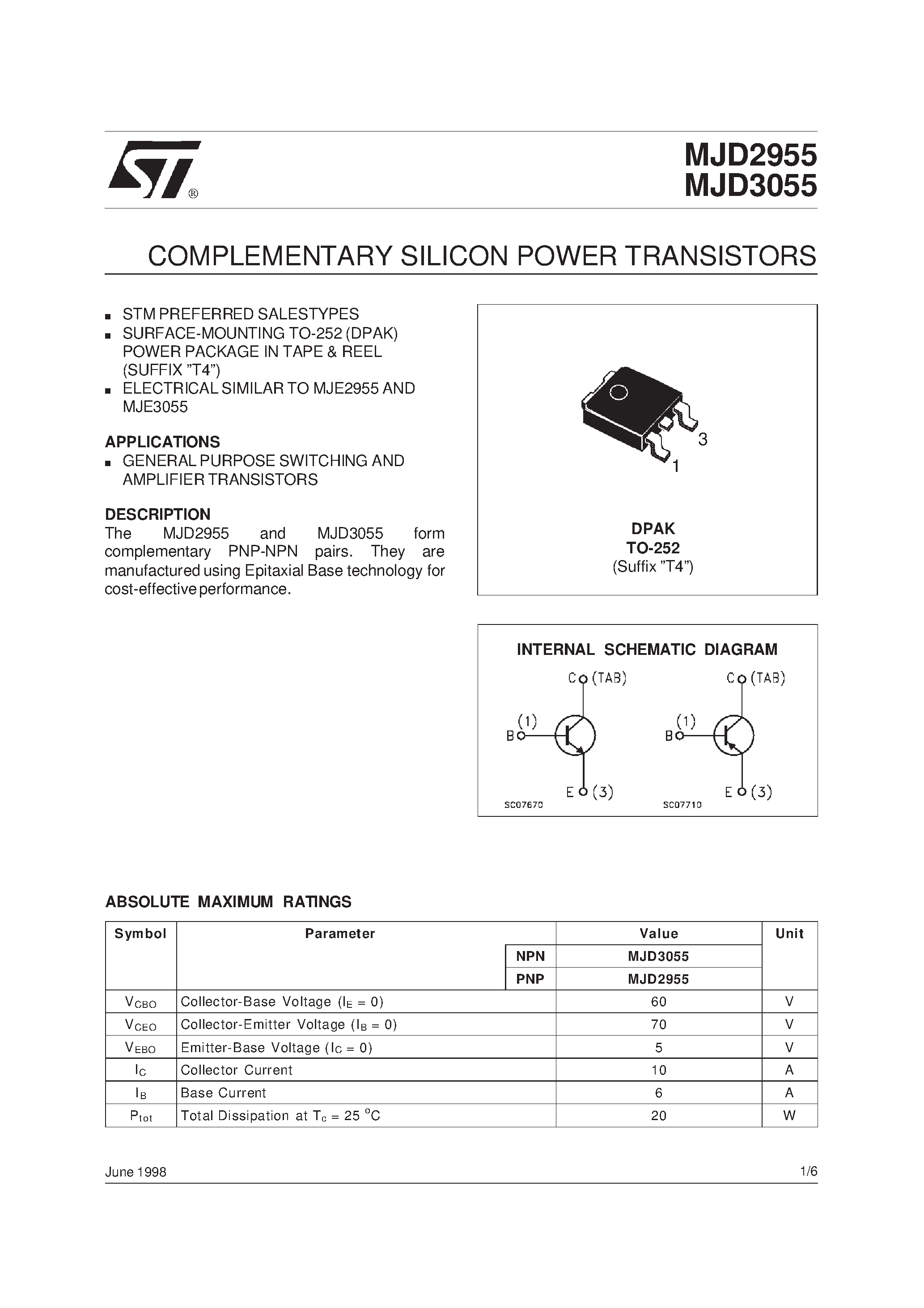 Даташит на микросхему MJD3055 страница 1 Даташит MJD3055 - COMPLEMENTARY SILICON POWER TRANSISTORS страница 1