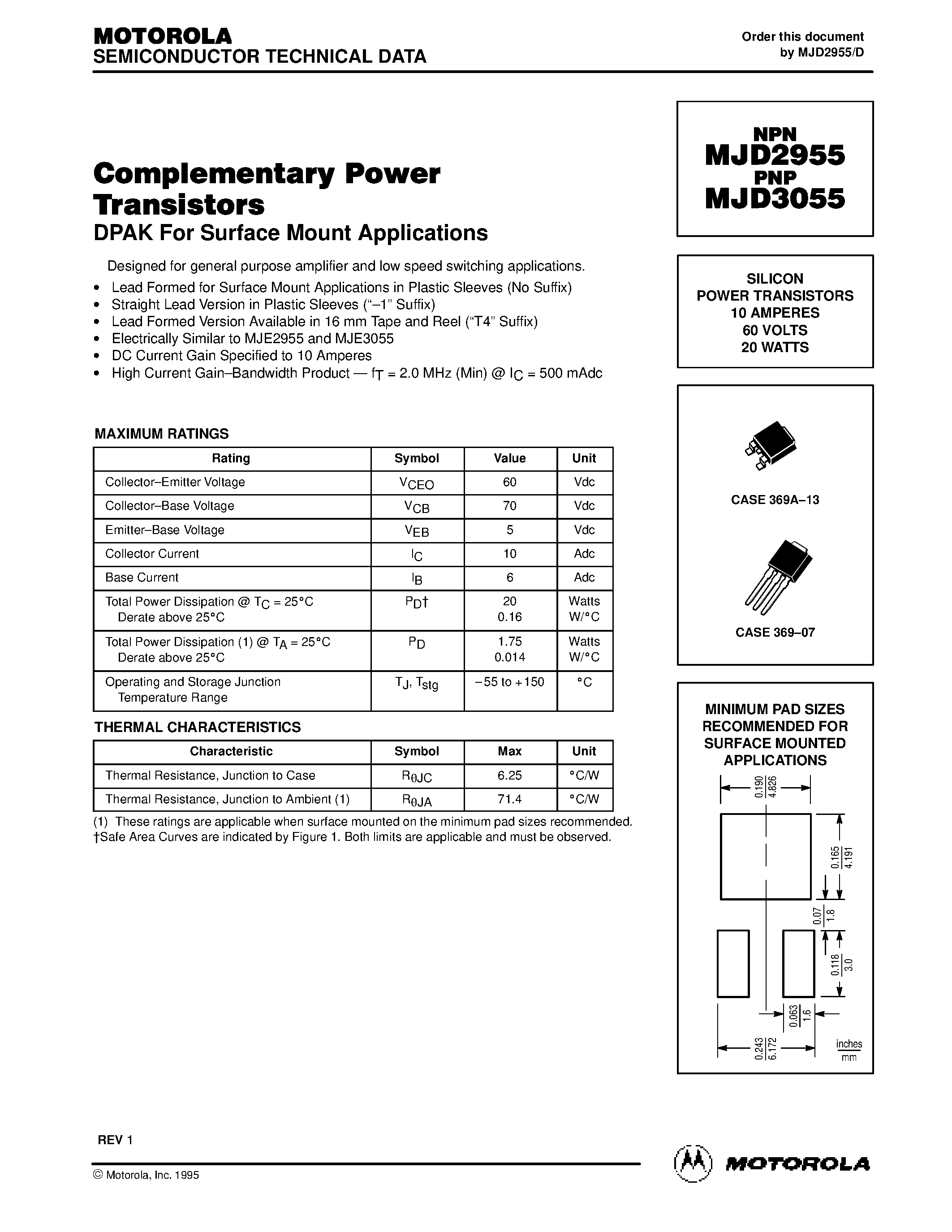 Datasheet MJD3055-1 page 1 Datasheet MJD3055-1 - SILICON POWER TRANSISTORS 10 AMPERES 60 VOLTS 20 WATTS page 1