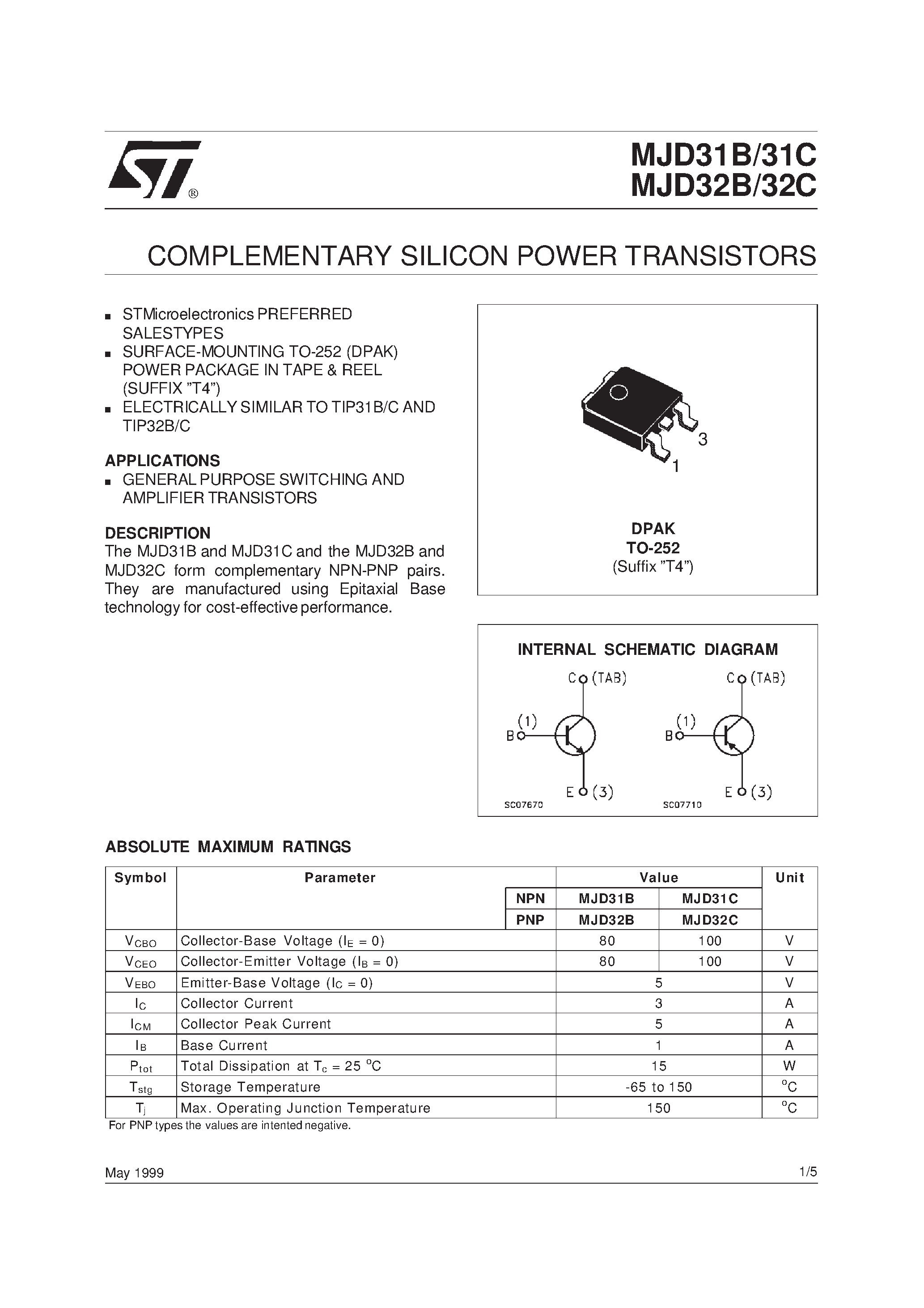 Даташит на микросхему MJD32C страница 1 Даташит MJD32C - COMPLEMENTARY SILICON POWER TRANSISTORS страница 1