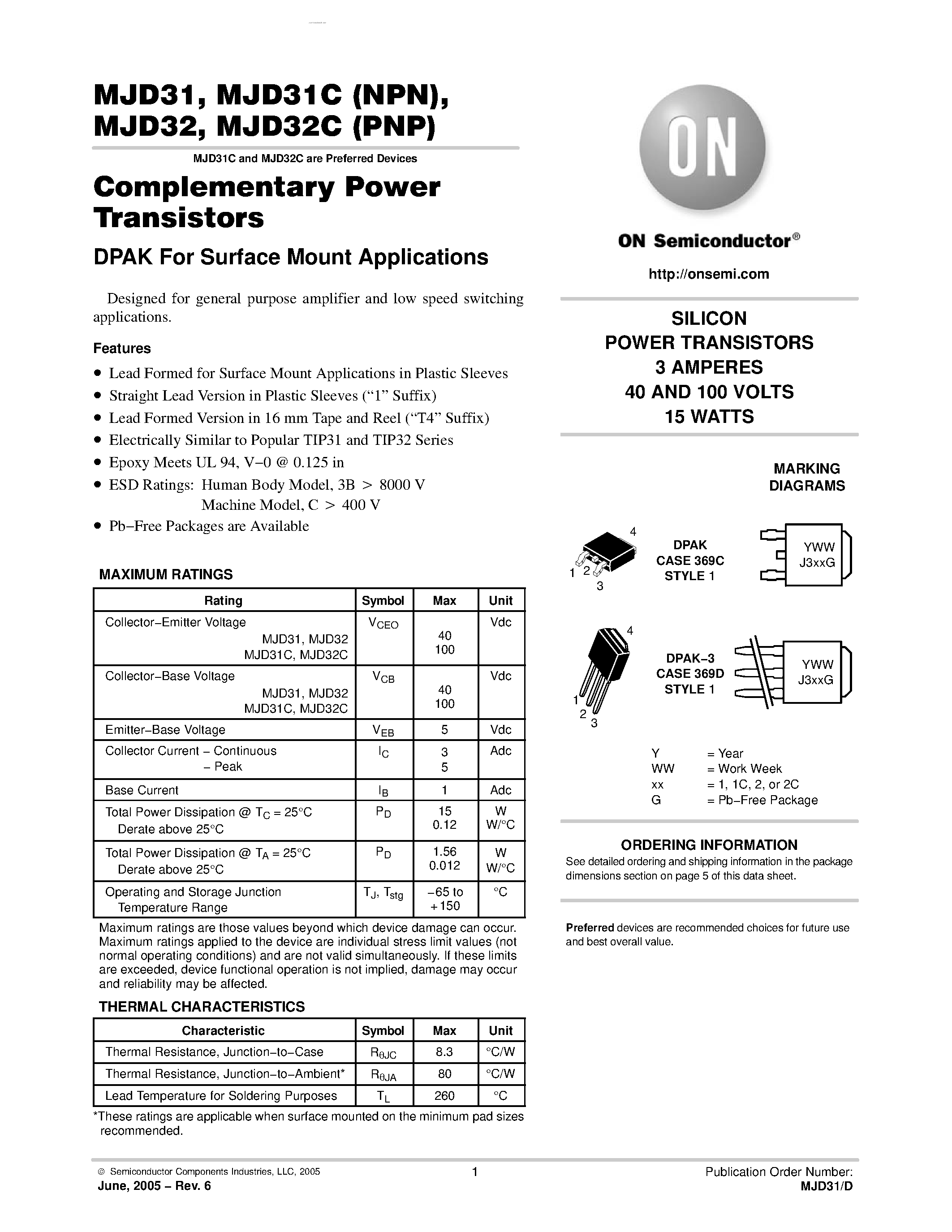 Даташит на микросхему MJD32C страница 1 Даташит MJD32C - SILICON POWER TRANSISTORS страница 1