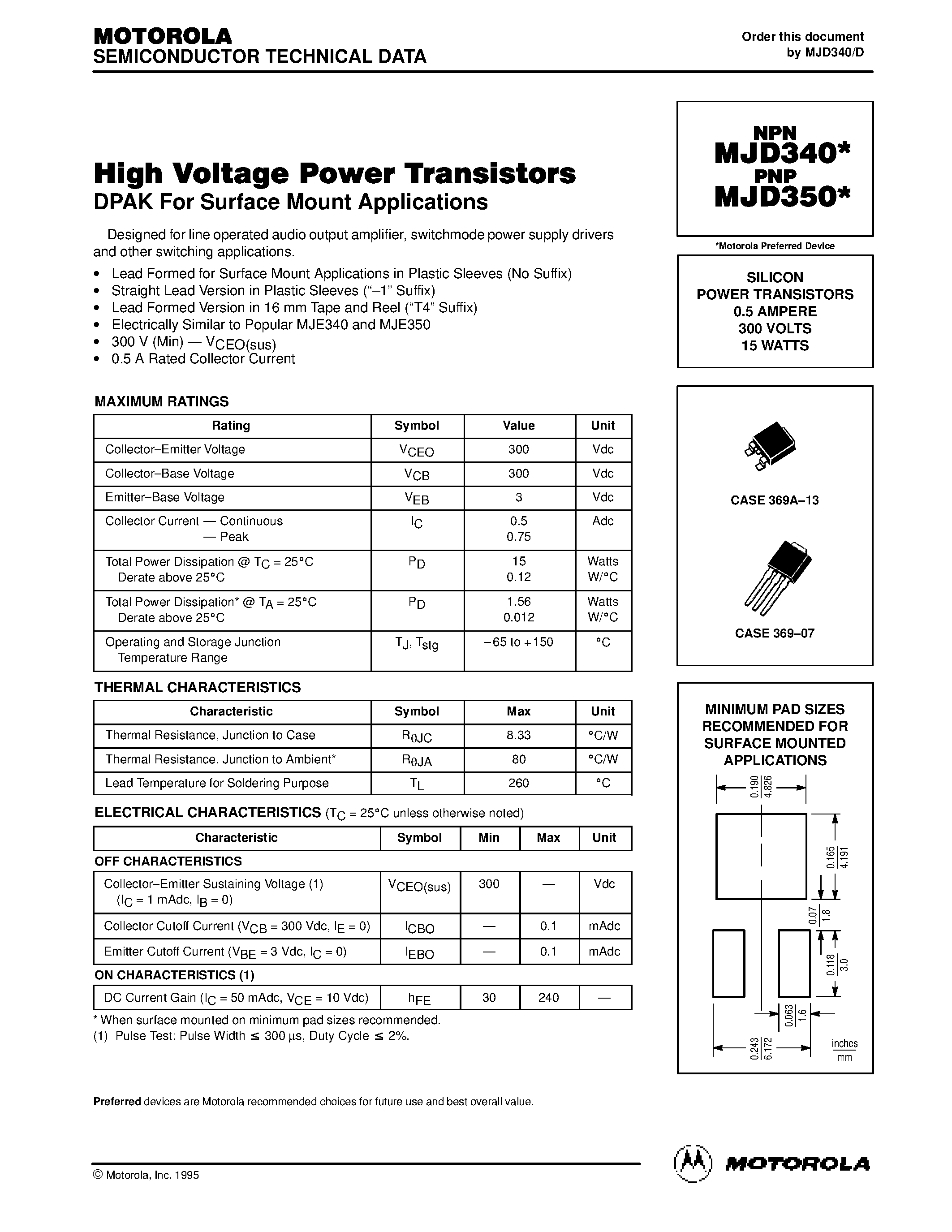 Datasheet MJD340T4 - SILICON POWER TRANSISTORS 0.5 AMPERE 300 VOLTS 15 WATTS page 1