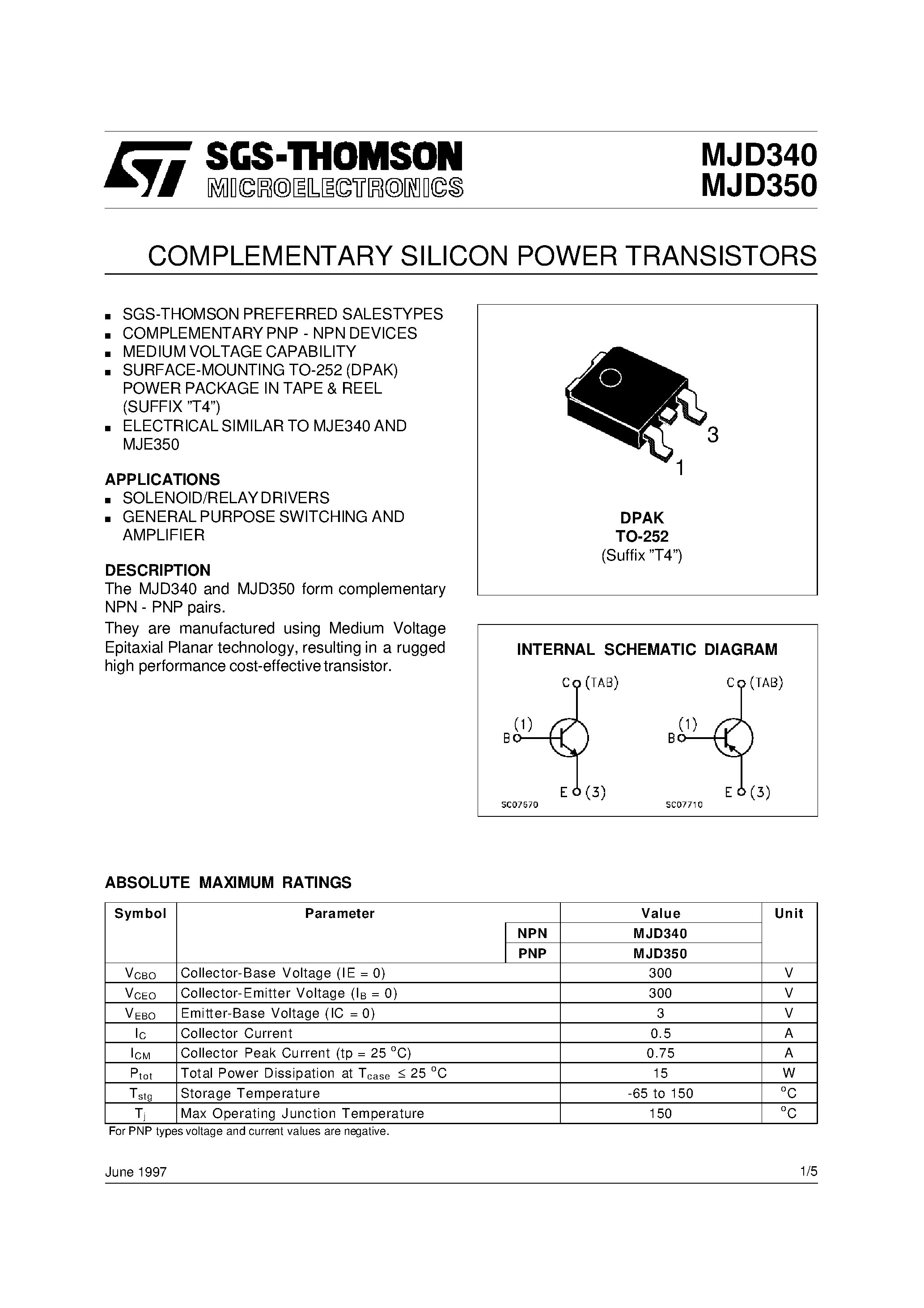 Даташит на микросхему MJD350 страница 1 Даташит MJD350 - COMPLEMENTARY SILICON POWER TRANSISTORS страница 1