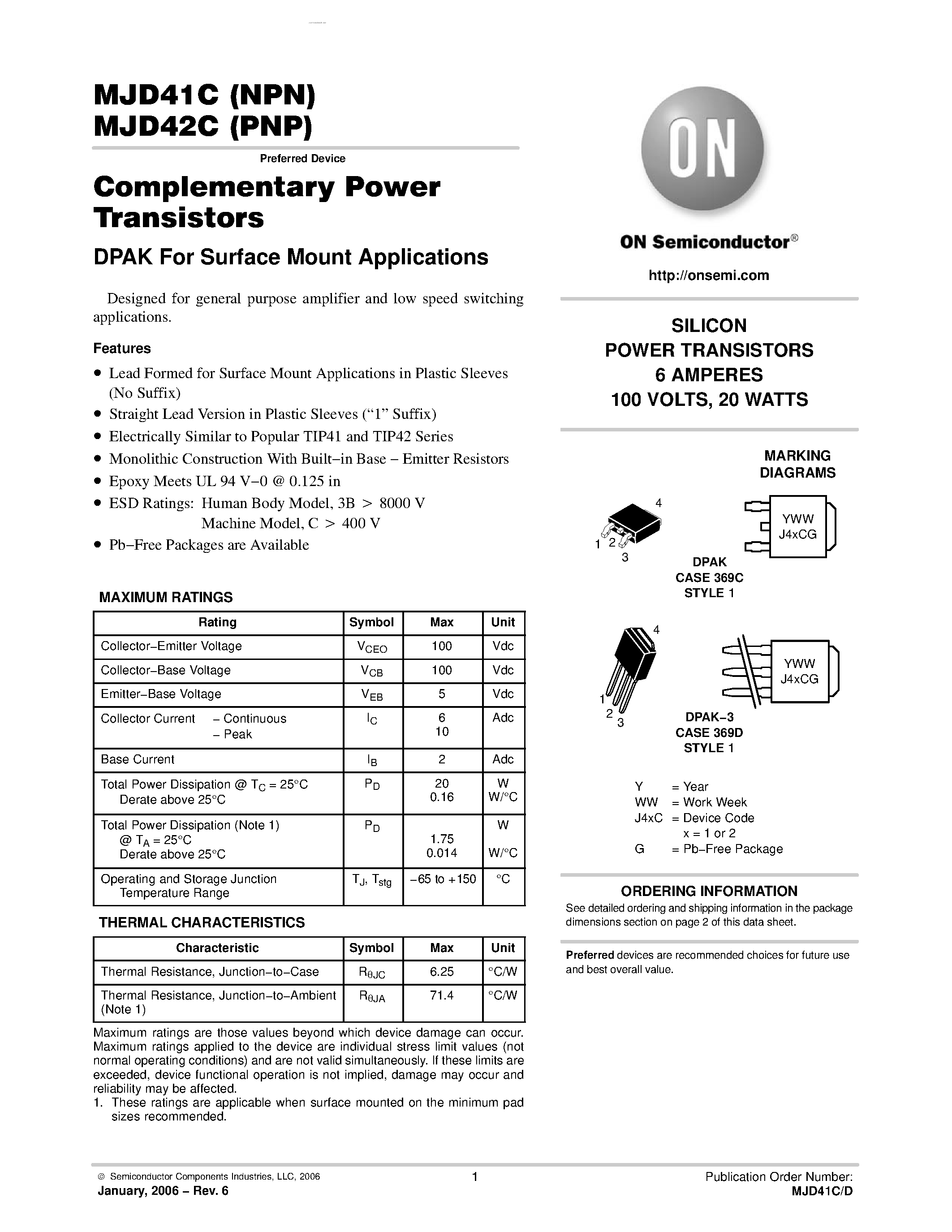 Даташит MJD42C - Complementary Power Transistors страница 1