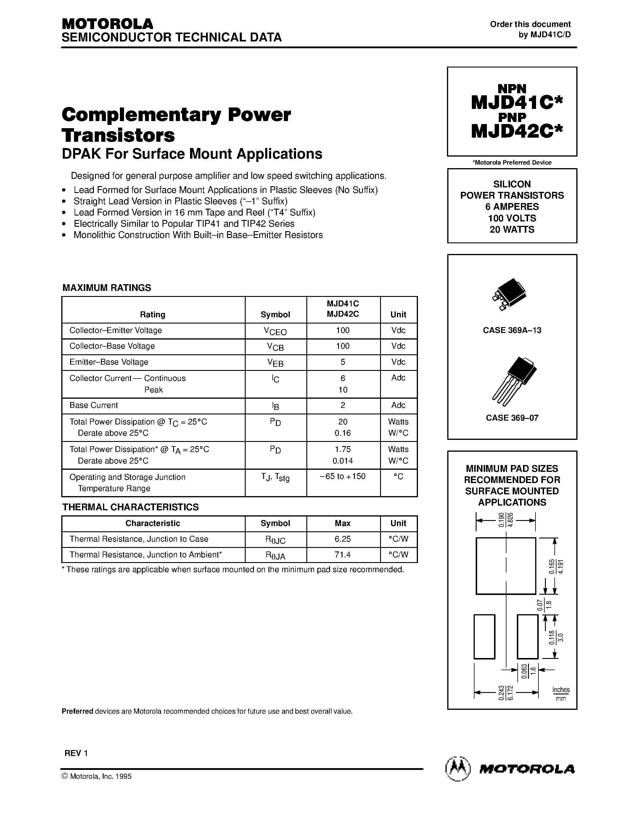 Datasheet MJD42C - SILICON POWER TRANSISTORS 6 AMPERES 100 VOLTS 20 WATTS page 1