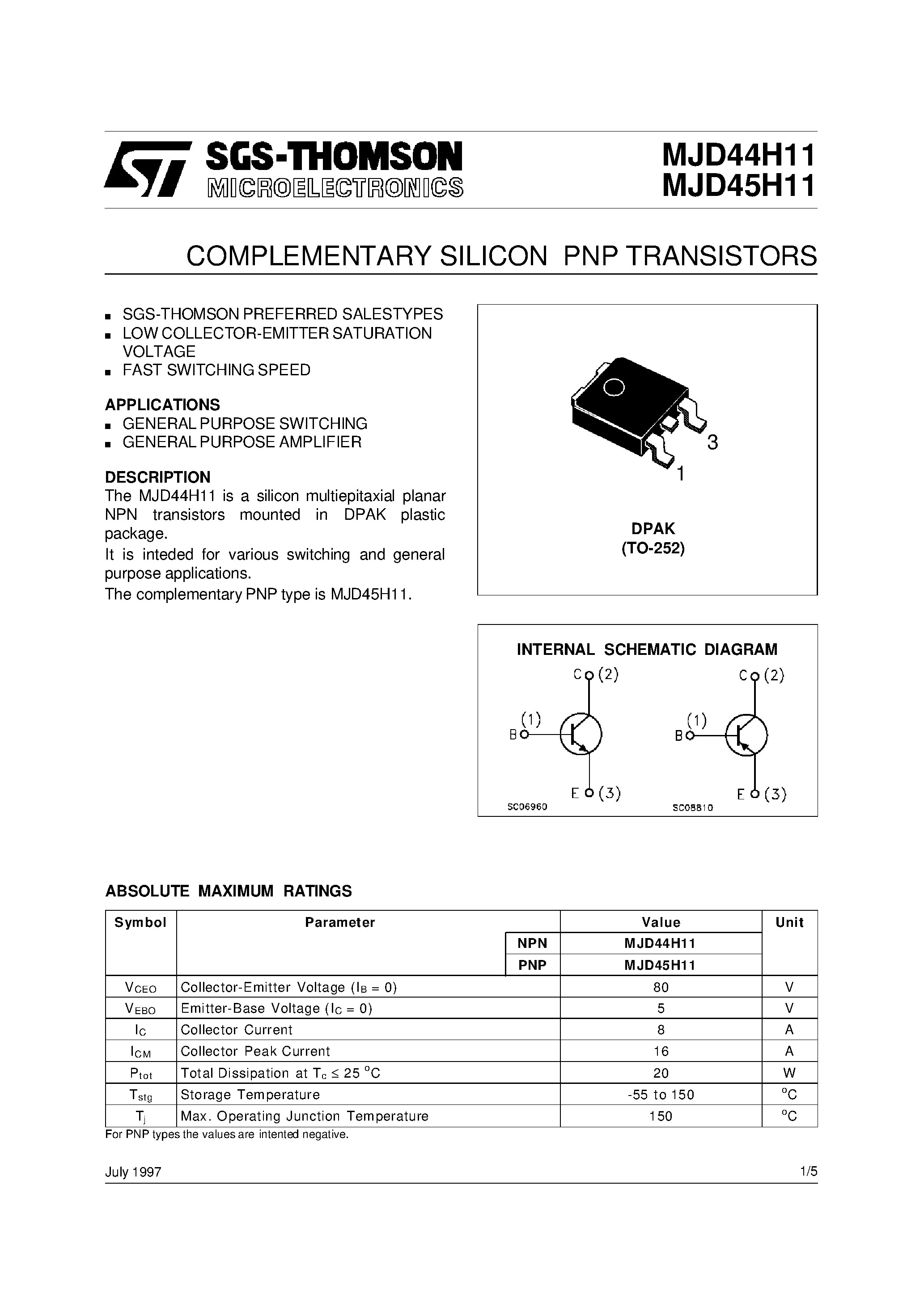 Даташит на микросхему MJD45H11 страница 1 Даташит MJD45H11 - COMPLEMENTARY SILICON PNP TRANSISTORS страница 1