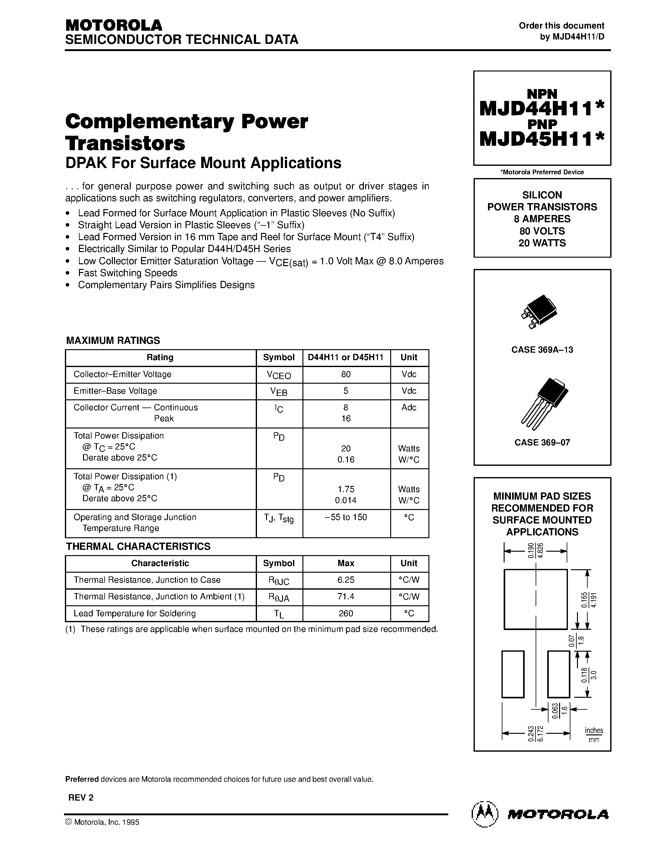 Datasheet MJD45H11-1 page 1 Datasheet MJD45H11-1 - SILICON POWER TRANSISTORS 8 AMPERES 80 VOLTS 20 WATTS page 1