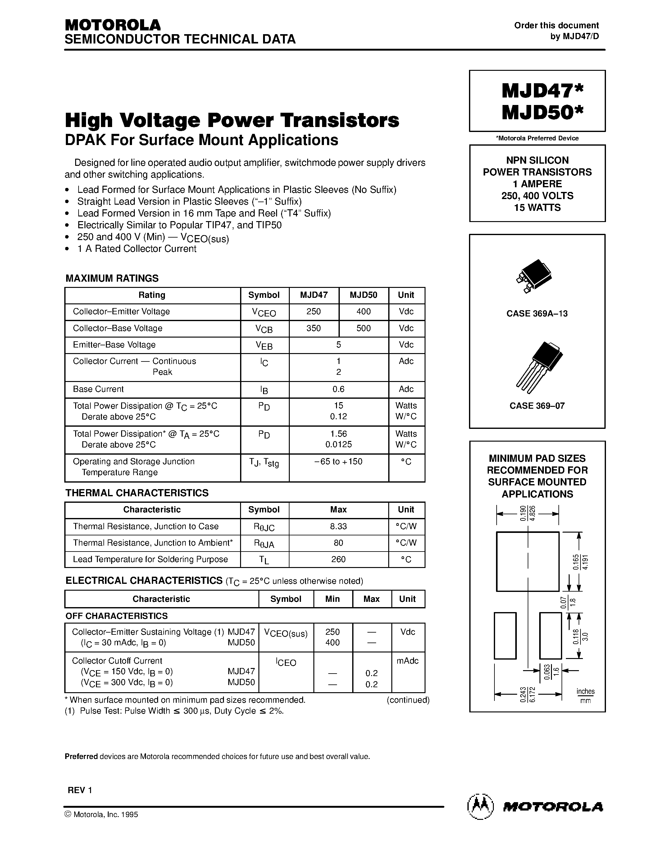 Datasheet MJD47 - NPN SILICON POWER TRANSISTORS 1 AMPERE 250 / 400 VOLTS 15 WATTS page 1