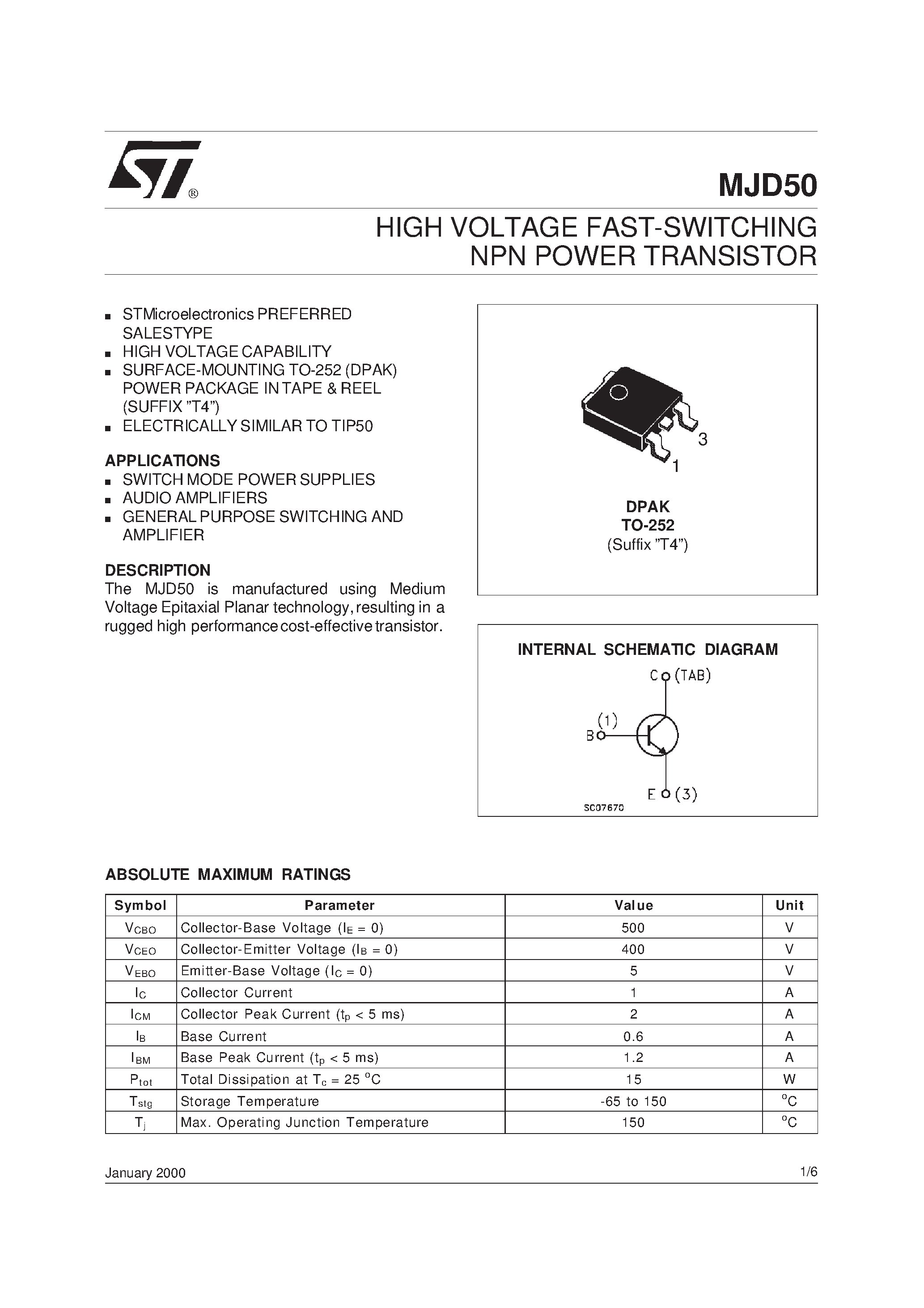 Datasheet MJD50 page 1 Datasheet MJD50 - HIGH VOLTAGE FAST-SWITCHING NPN POWER TRANSISTOR page 1