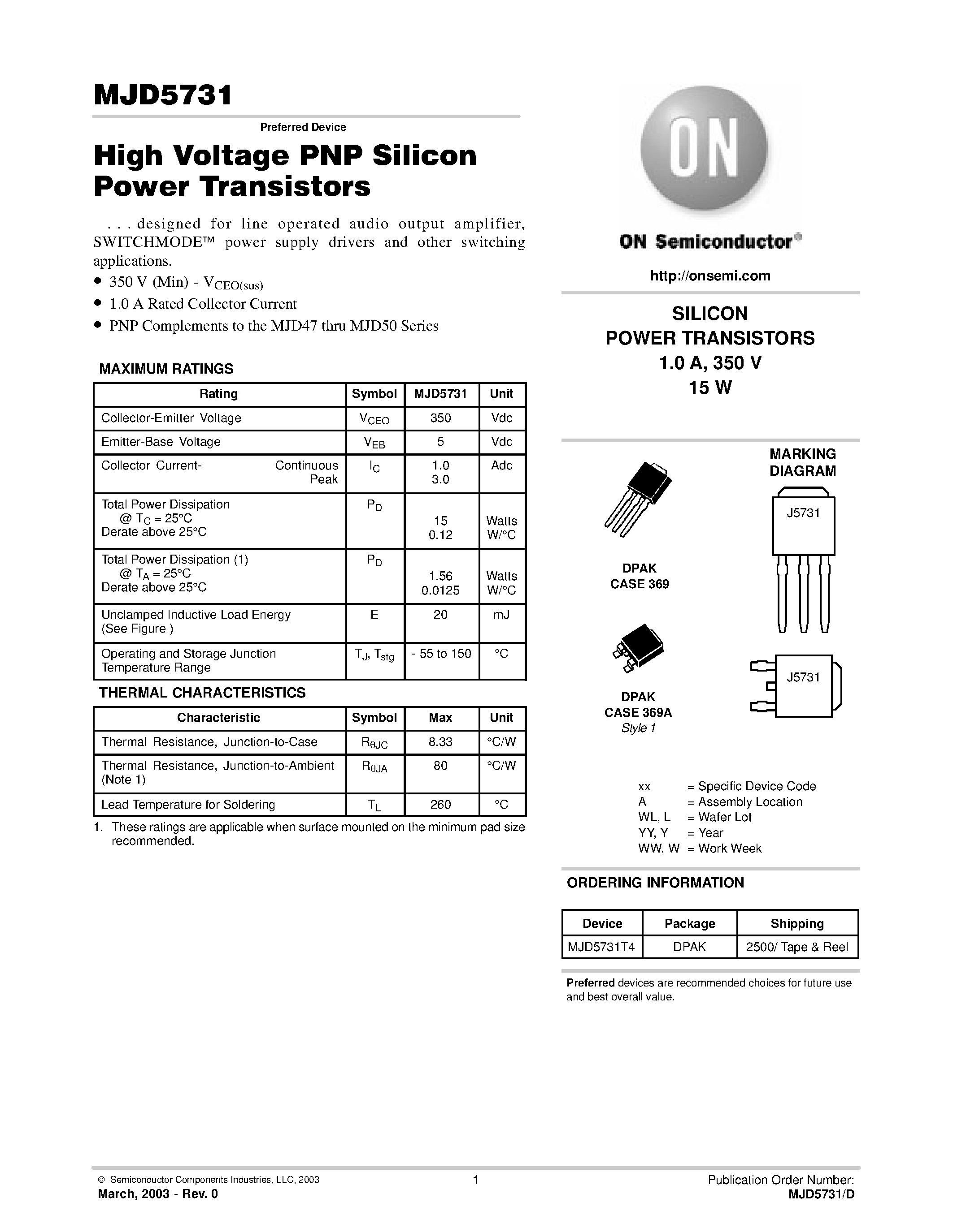 Даташит на микросхему MJD5731T4 страница 1 Даташит MJD5731T4 - High Voltage PNP Silicon Power Transistors страница 1