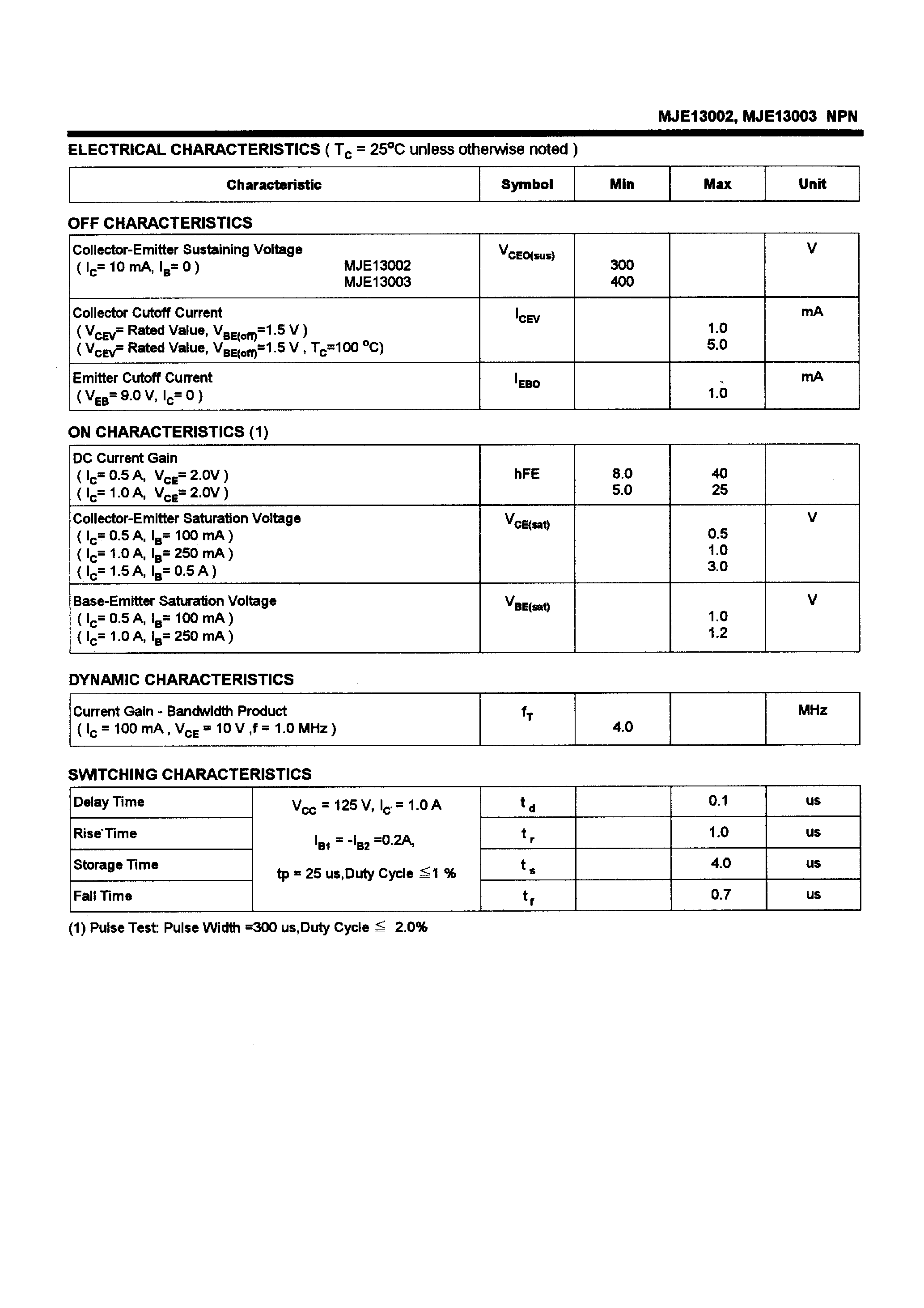 Datasheet MJE13002 page 2 Datasheet MJE13002 - POWER TRANSISTORS(1.5A /300-400V /40W) page 2