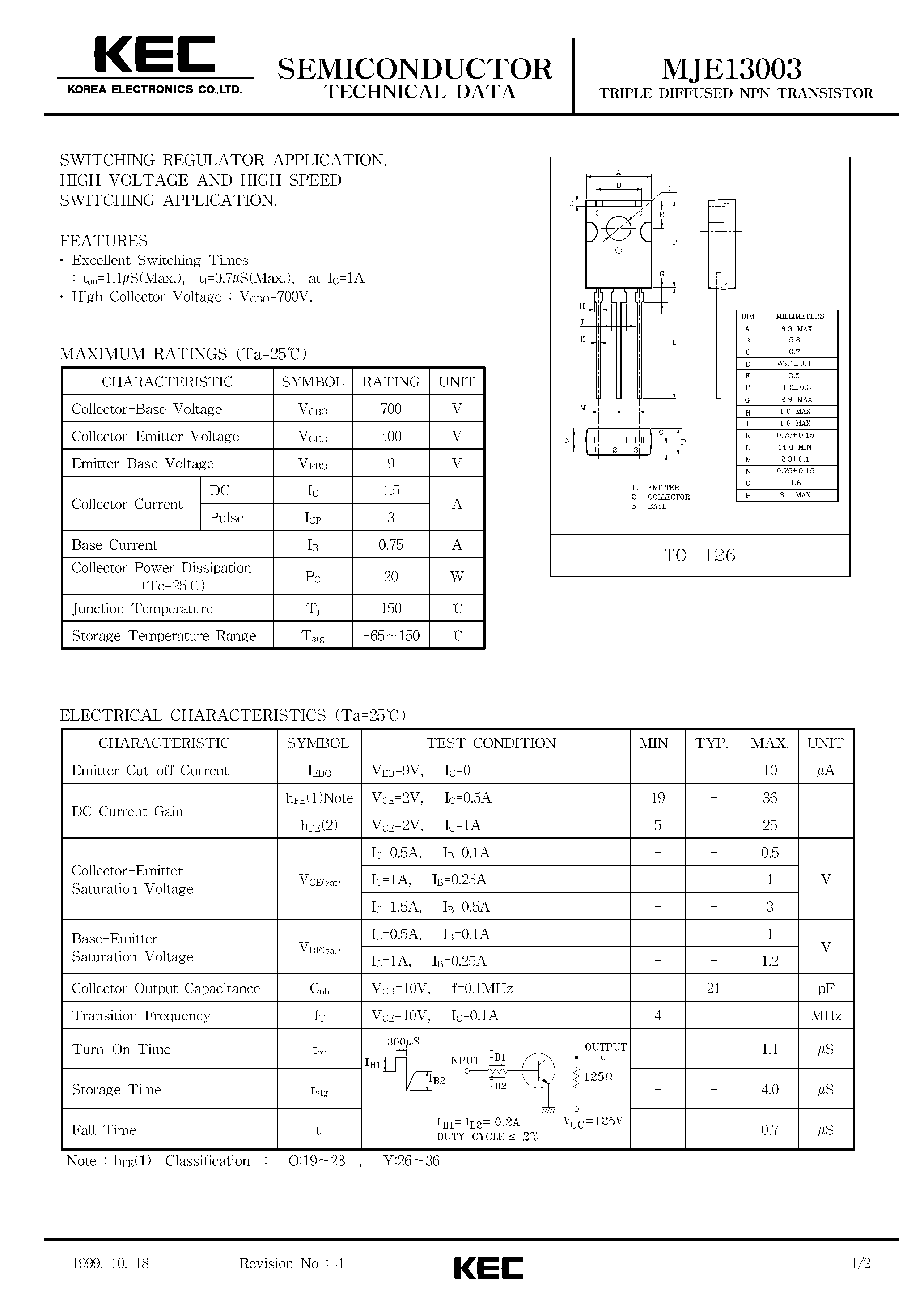 Даташит MJE13003 - TRIPLE DIFFUSED NPN TRANSISTOR(SWITCHING REGULATOR / HIGH VOLTAGE AND HIGH SPEED SWITCHING) страница 1