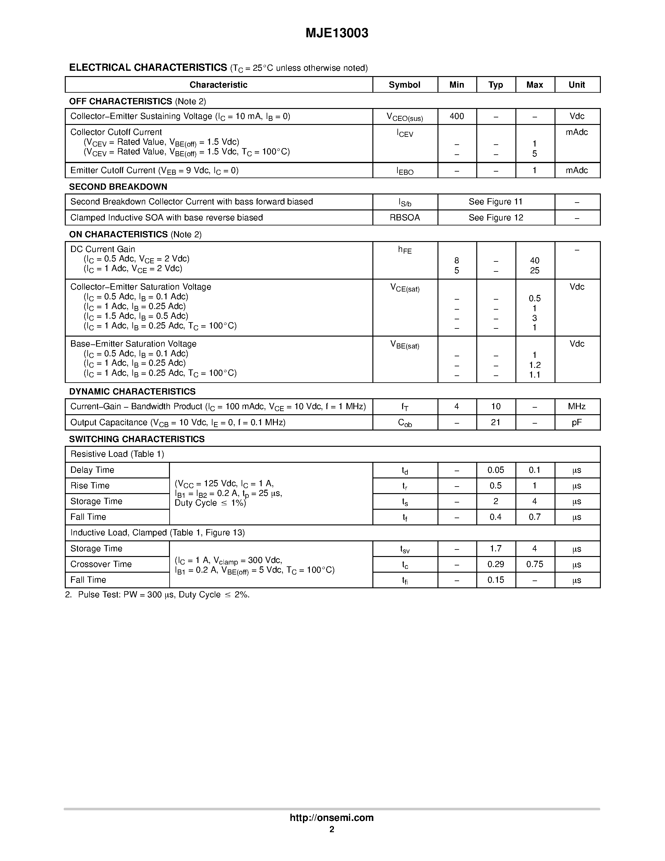 Datasheet MJE13003 page 2 Datasheet MJE13003 - NPN SILICON POWER TRANSISTORS page 2