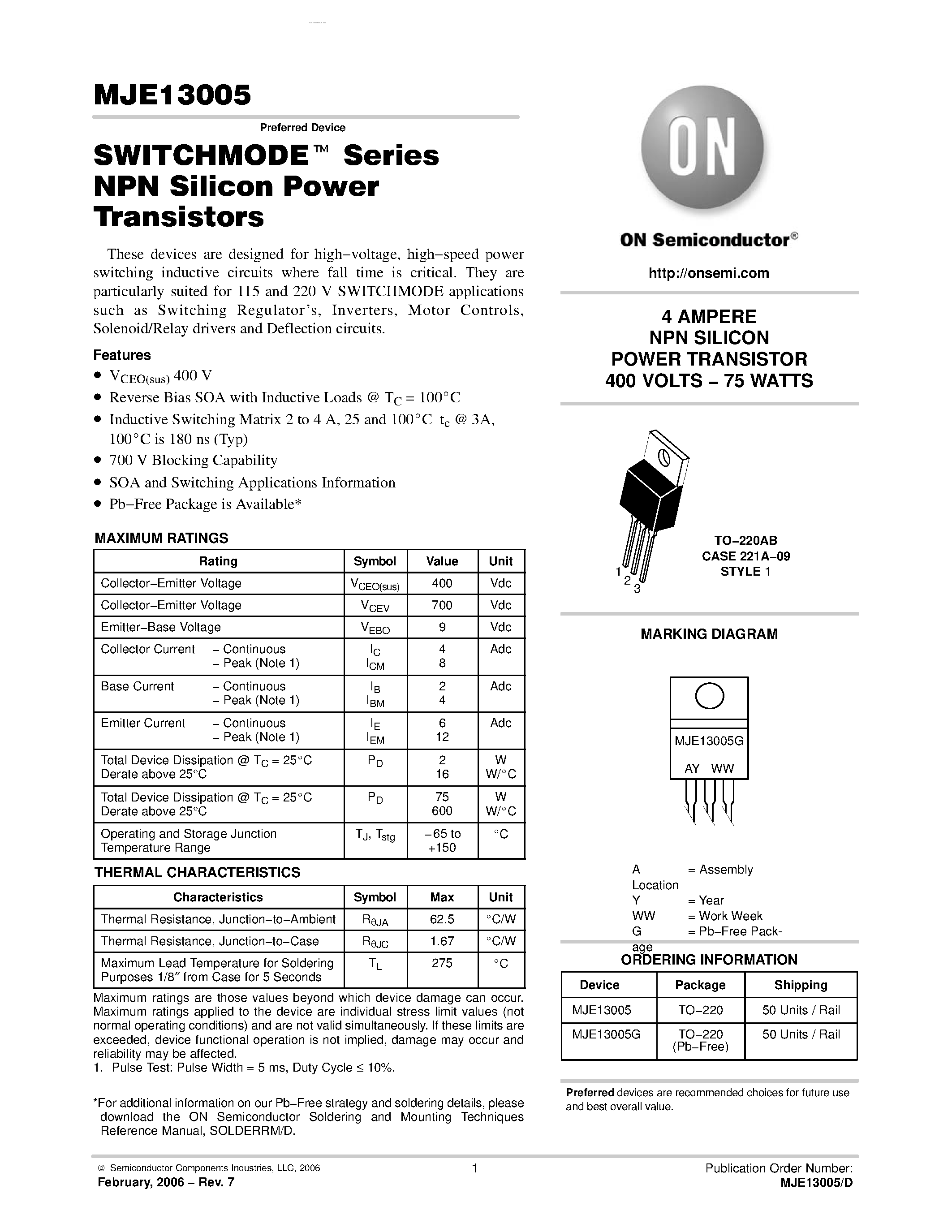 Datasheet MJE13005 - NPN SILICON POWER TRANSISTOR page 1