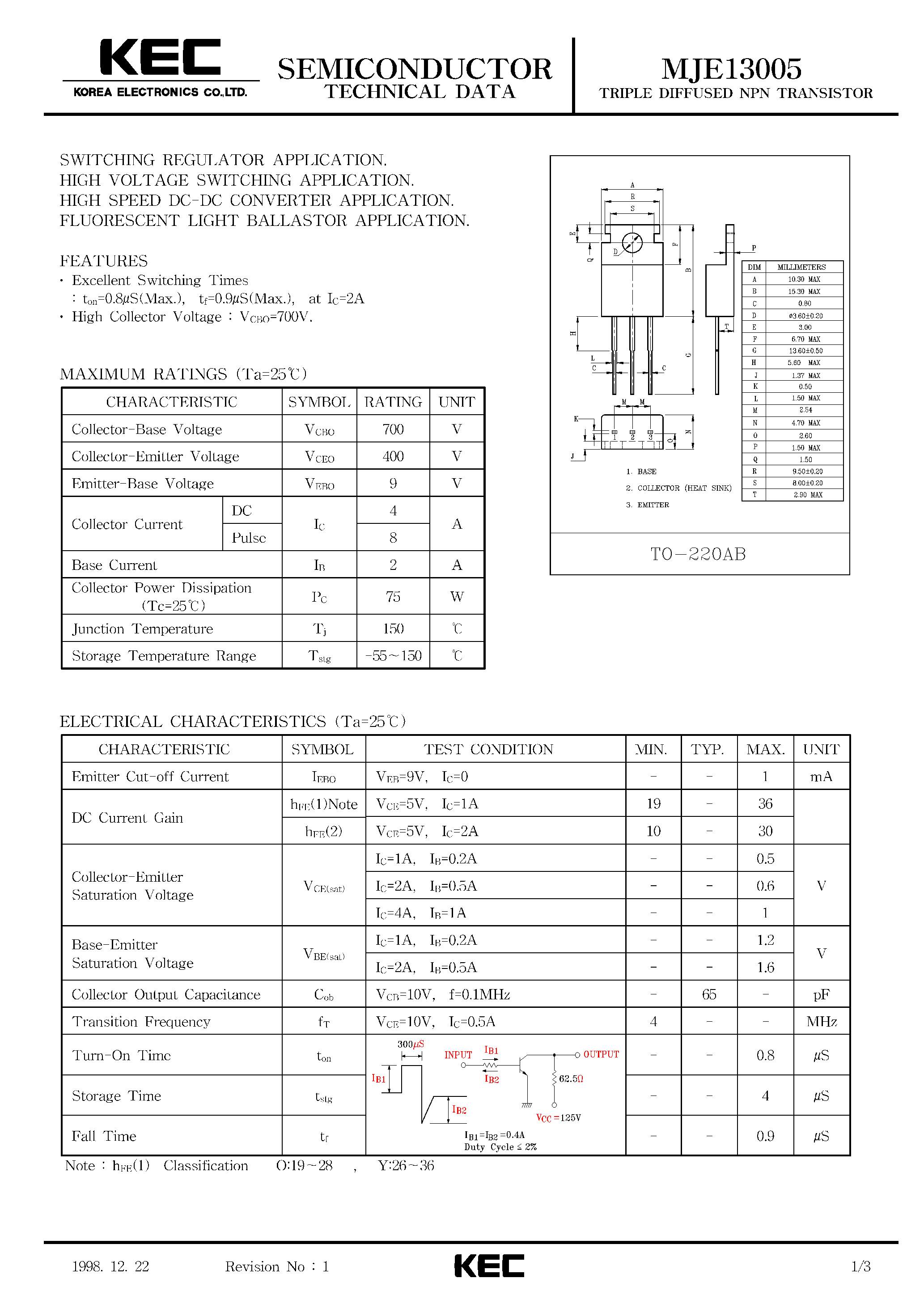 Даташит на микросхему MJE13005 страница 1 Даташит MJE13005 - TRIPLE DIFFUSED NPN TRANSISTOR (SWITCHING REGULATOR / HIGH VOLTAGE SWITCHING / HIGH SPEED DC-DC CONVERTER / FLUORESCENT LIGHT BALLSTOR) страница 1