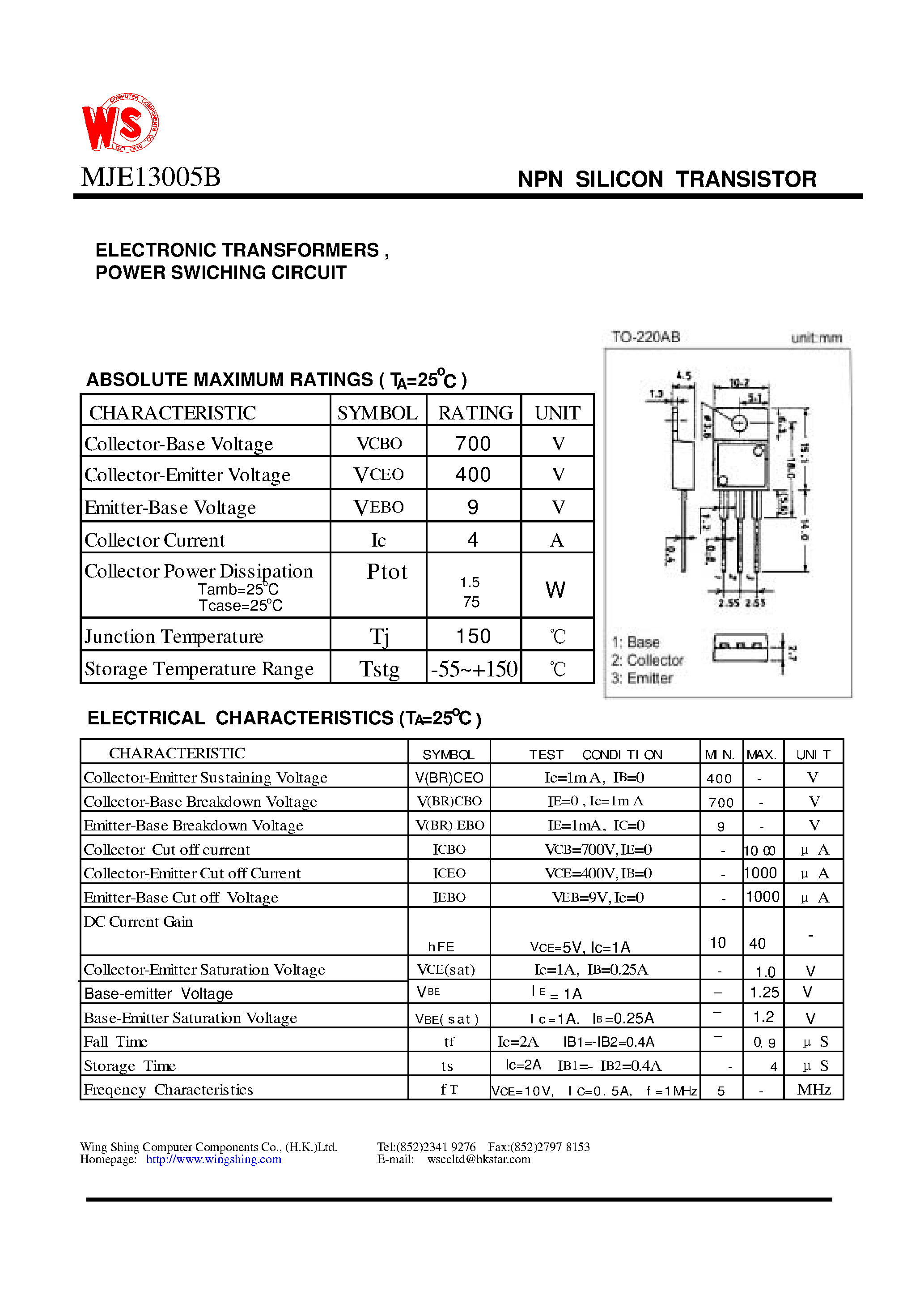 Datasheet MJE13005B - NPN SILICON TRANSISTOR(ELECTRONIC TRANSFORMERS / POWER SWICHING CIRCUIT) page 1