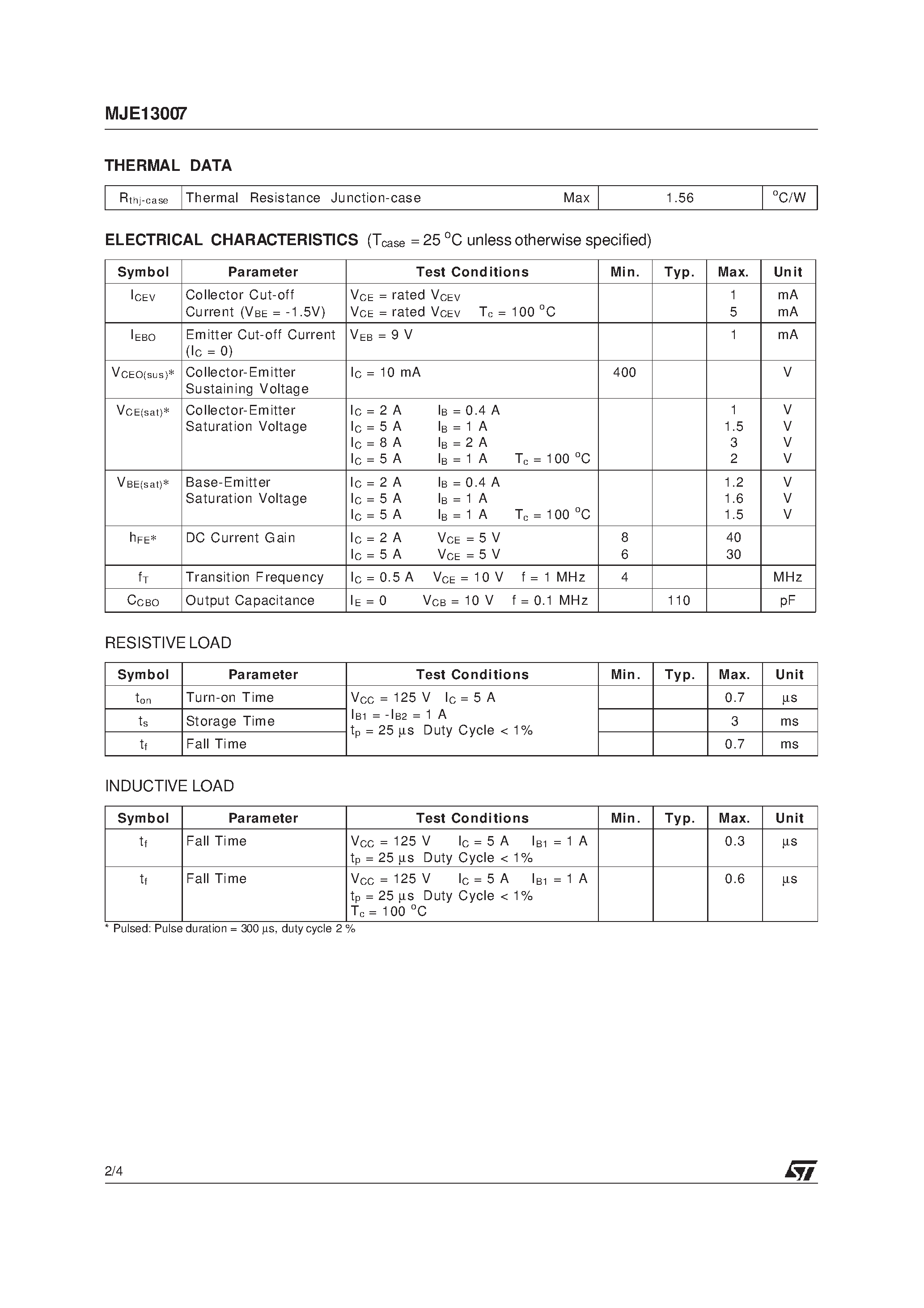 Datasheet MJE13007 page 2 Datasheet MJE13007 - SILICON NPN SWITCHING TRANSISTOR page 2
