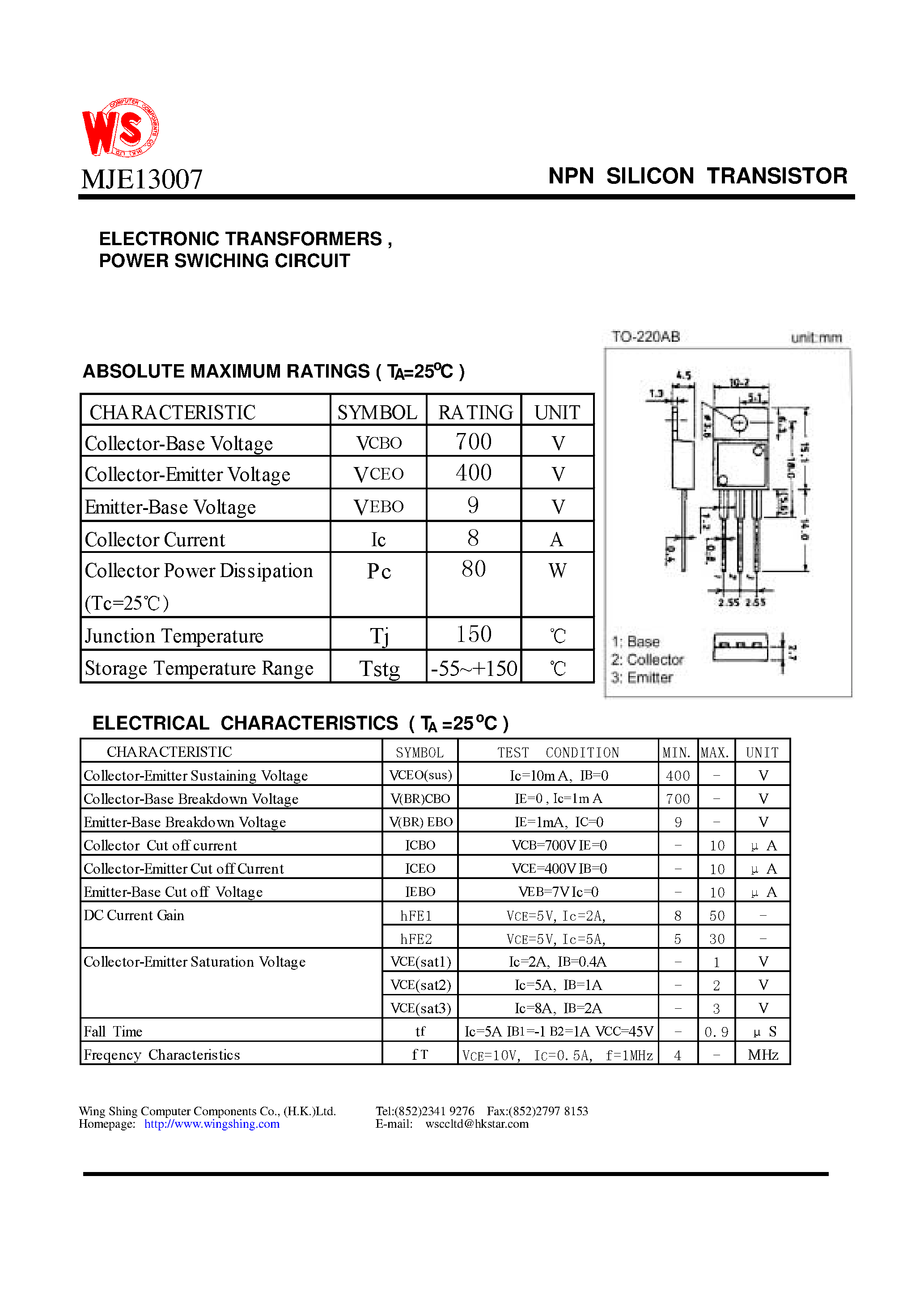 Datasheet MJE13007 - NPN SILICON TRANSISTOR(ELECTRONIC TRANSFORMERS / POWER SWICHING CIRCUIT) page 1