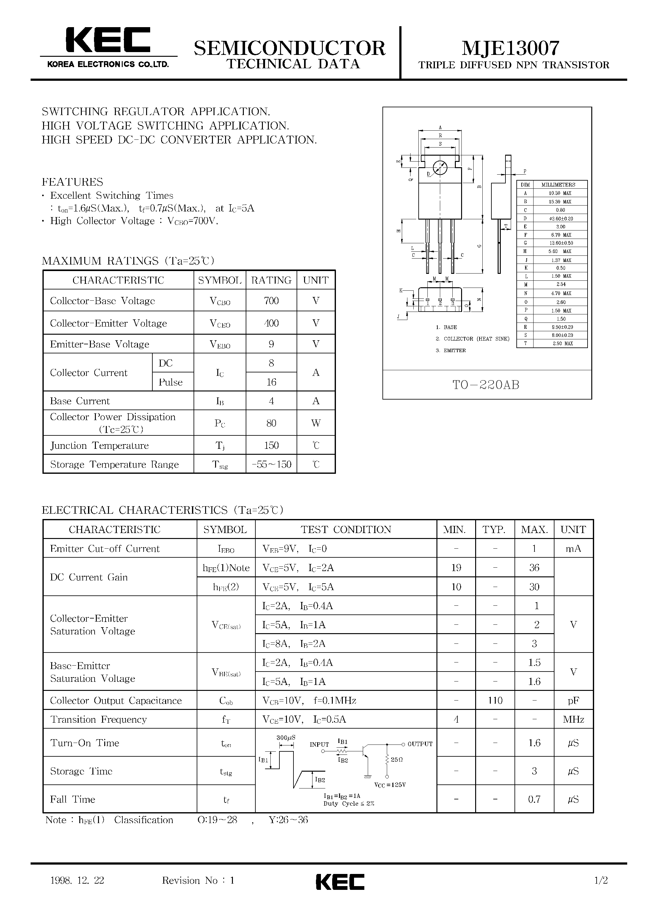 Datasheet MJE13007 - TRIPLE DIFFUSED NPN TRANSISTOR (SWITCHING REGULATOR / HIGH VOLTAGE SWITCHING / HIGH SPEED DC-DC CONVERTER) page 1