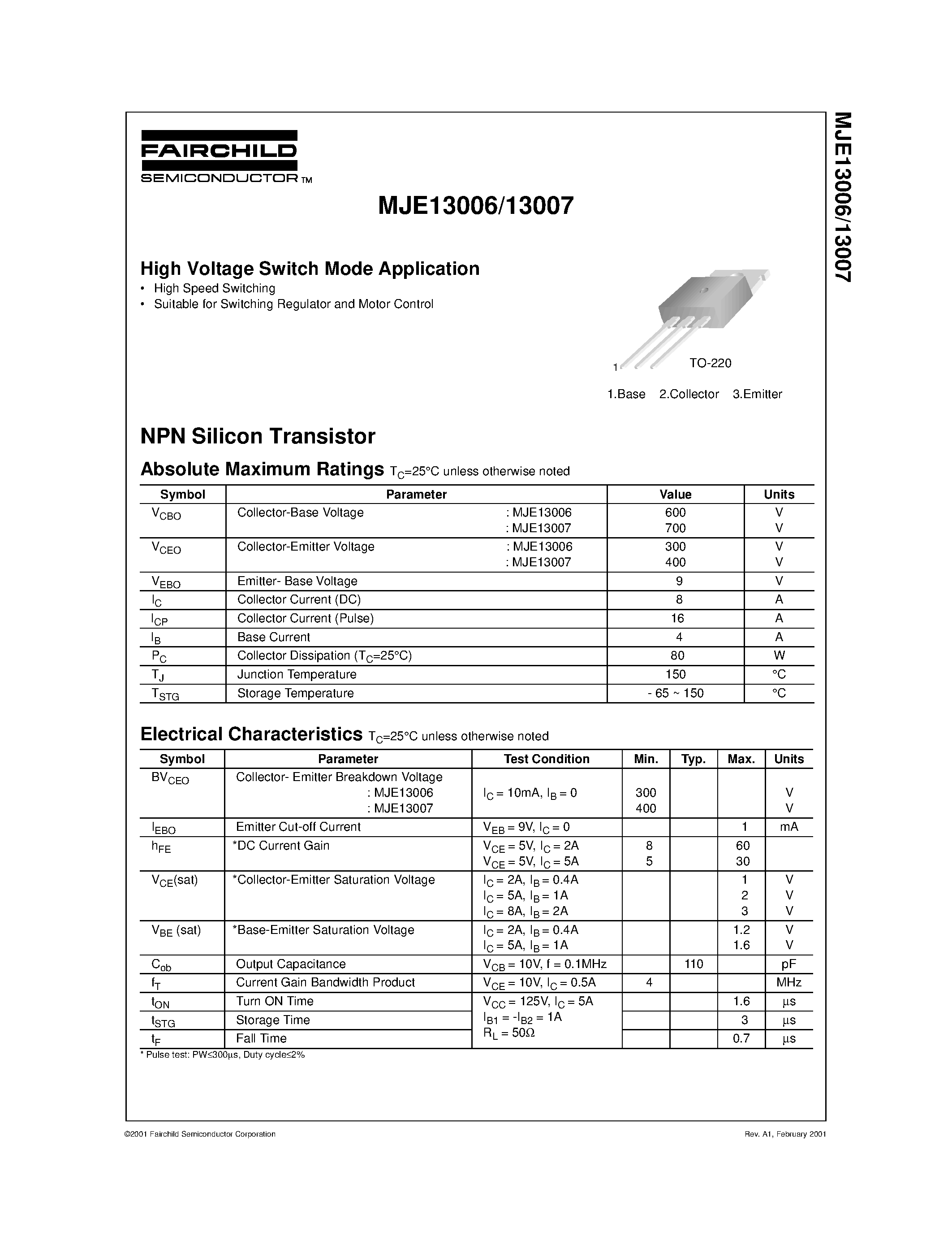 Datasheet MJE13007 - High Voltage Switch Mode Application page 1