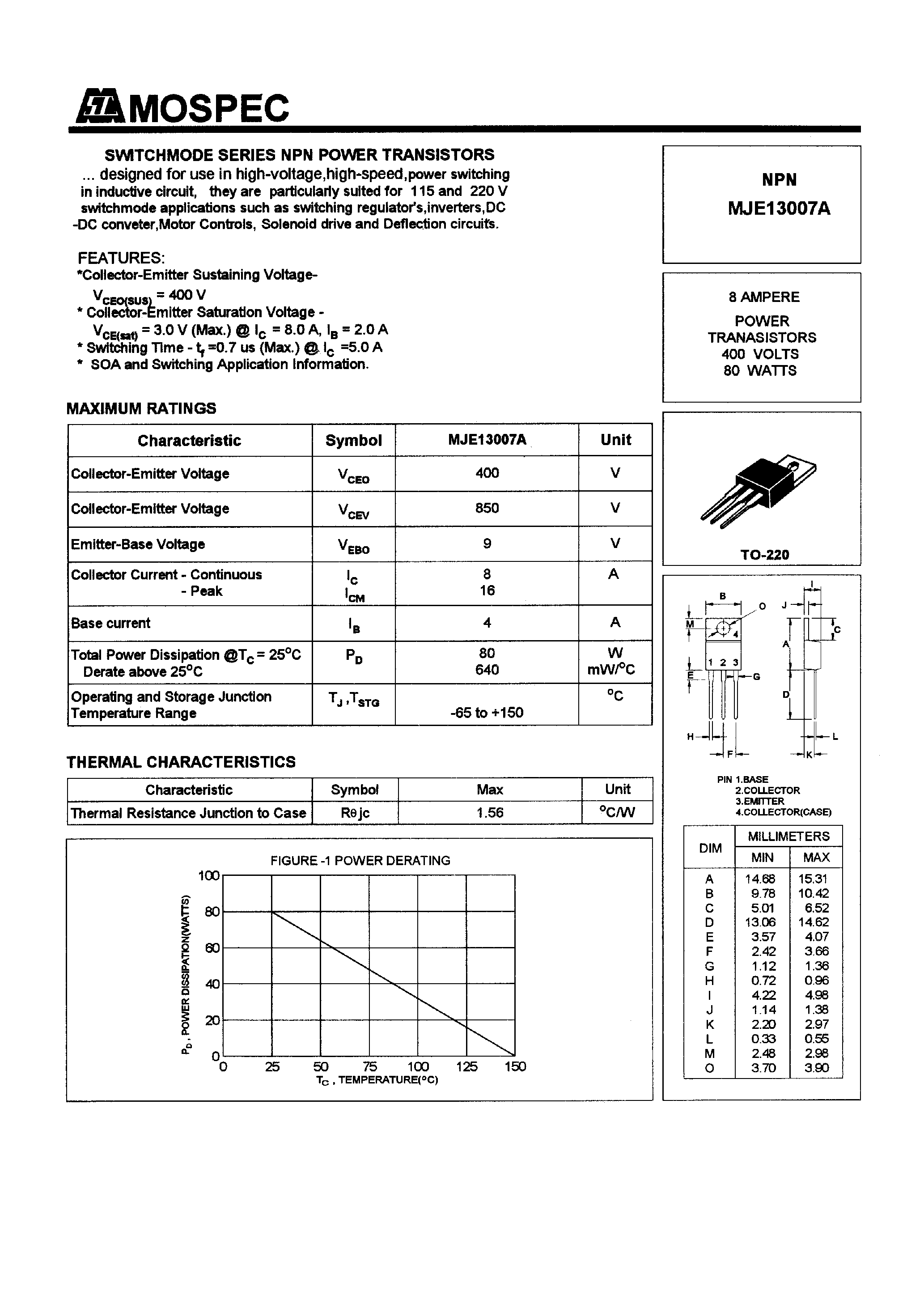 Datasheet MJE13007A - POWER TRANSISTORS(8A /400V /80W) page 1