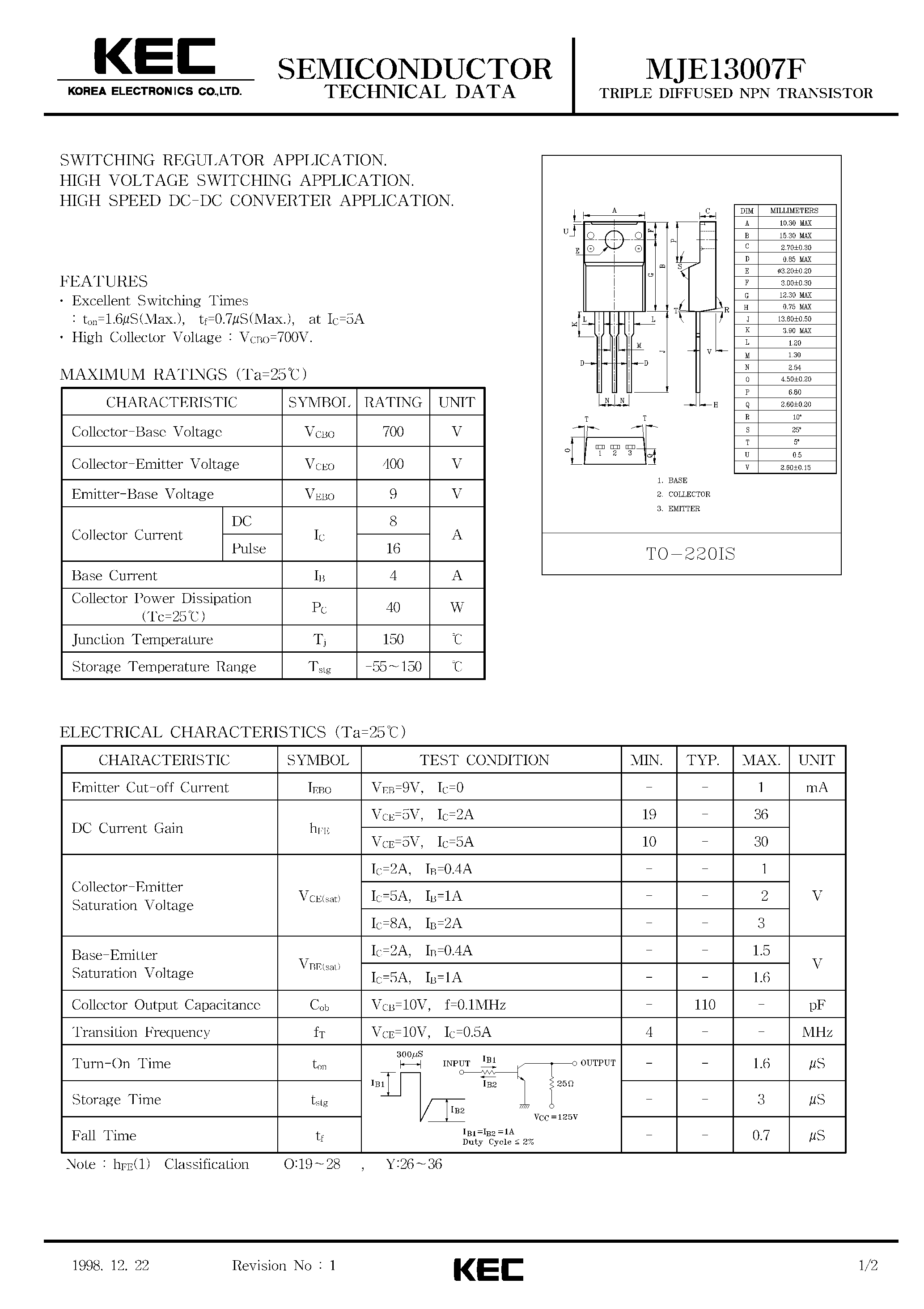 Datasheet MJE13007F - TRIPLE DIFFUSED NPN TRANSISTOR (SWITCHING REGULATOR / HIGH VOLTAGE SWITCHING / HIGH SPEED DC-DC CONVERTER) page 1