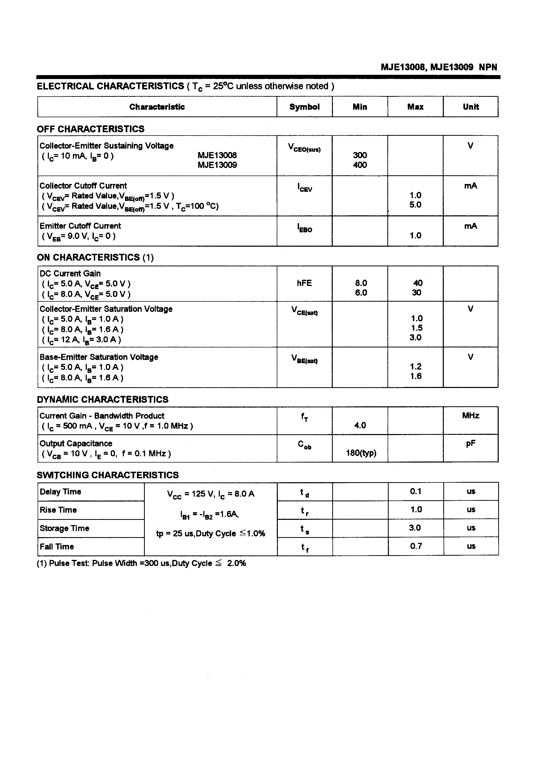 Datasheet MJE13008 - POWER TRANSISTORS(12A /300-400V /100W) page 2