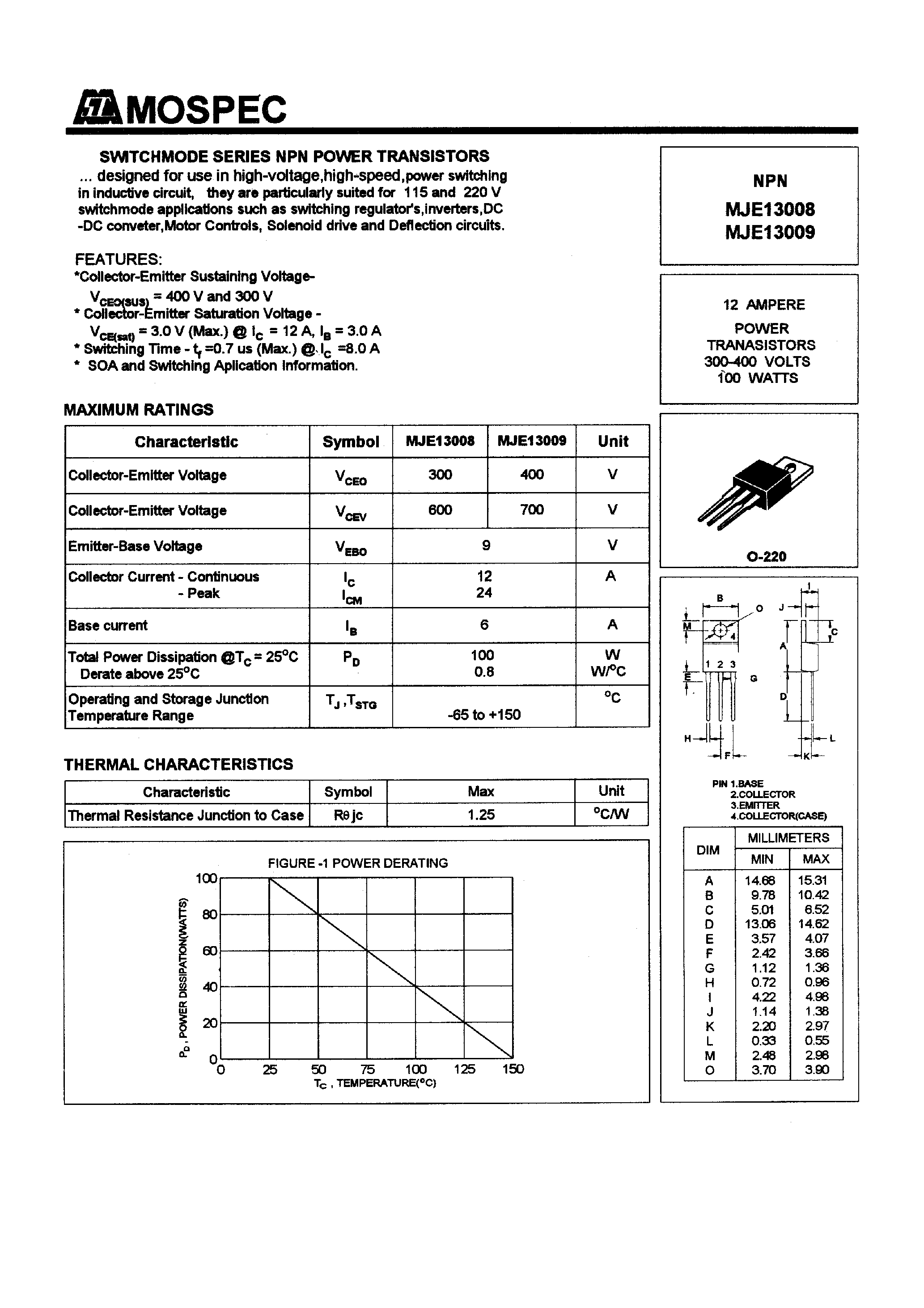 Datasheet MJE13009 page 1 Datasheet MJE13009 - POWER TRANSISTORS(12A /300-400V /100W) page 1