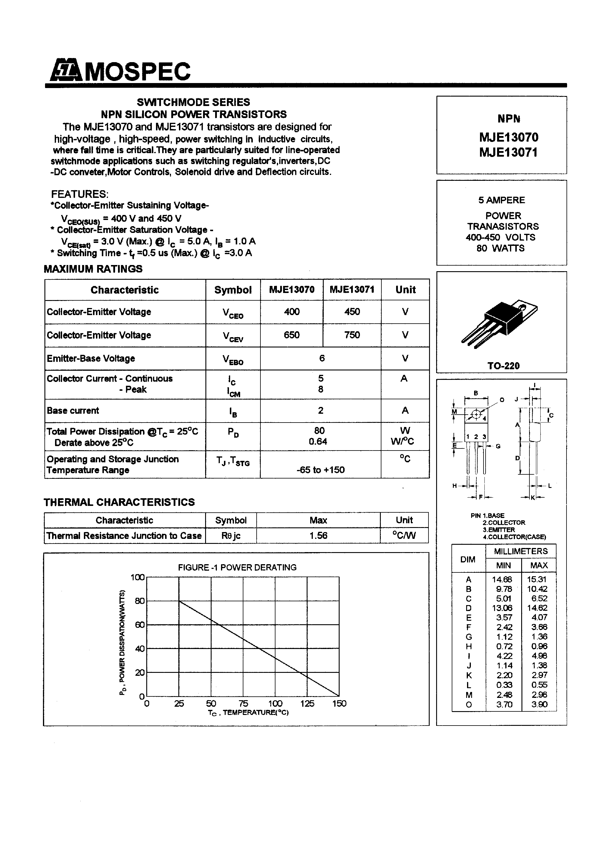 Datasheet MJE13070 - POWER TRANSISTORS(5A /400-450V /80W) page 1