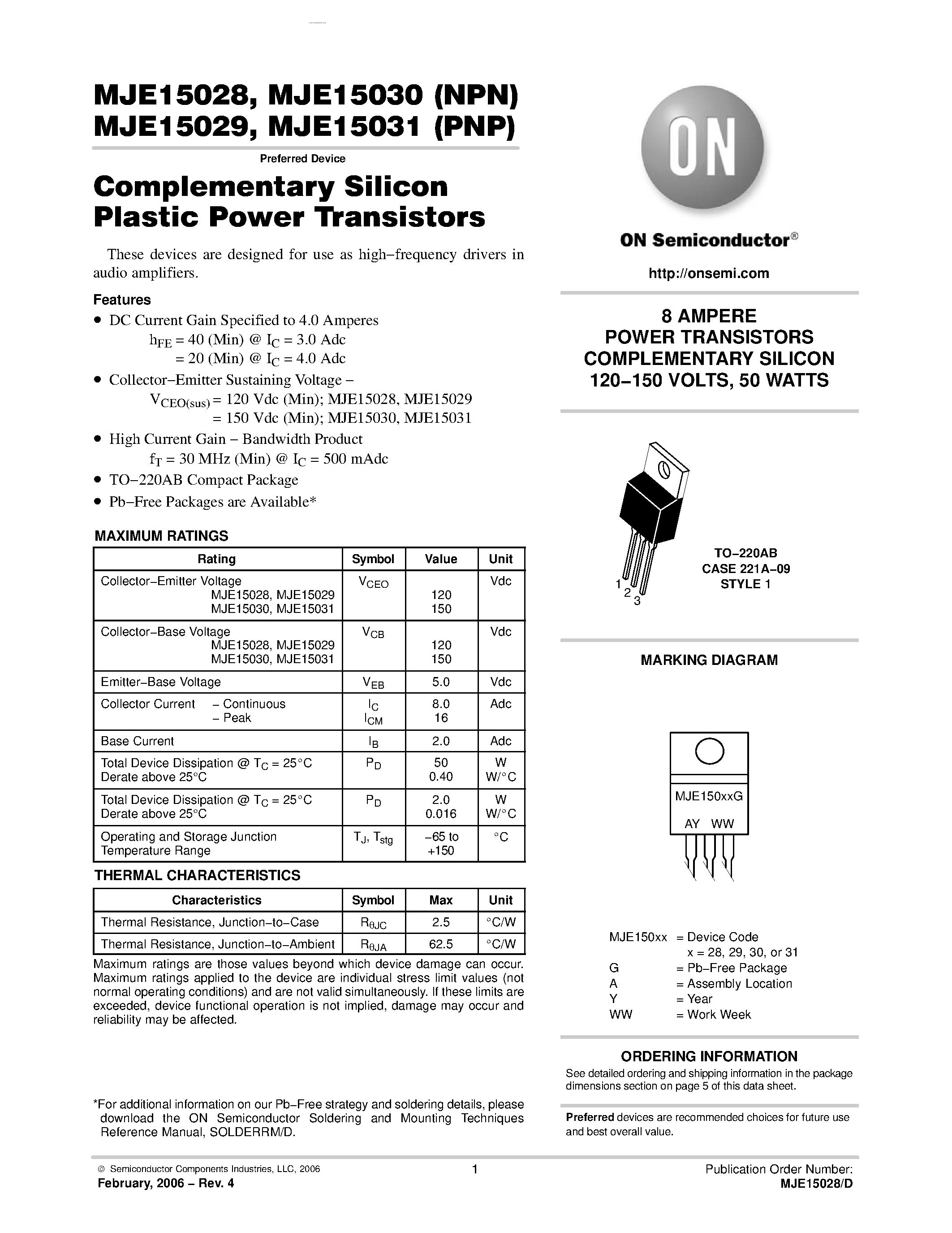 Datasheet MJE15030 page 1 Datasheet MJE15030 - POWER TRANSISTORS COMPLEMENTARY SILICON page 1