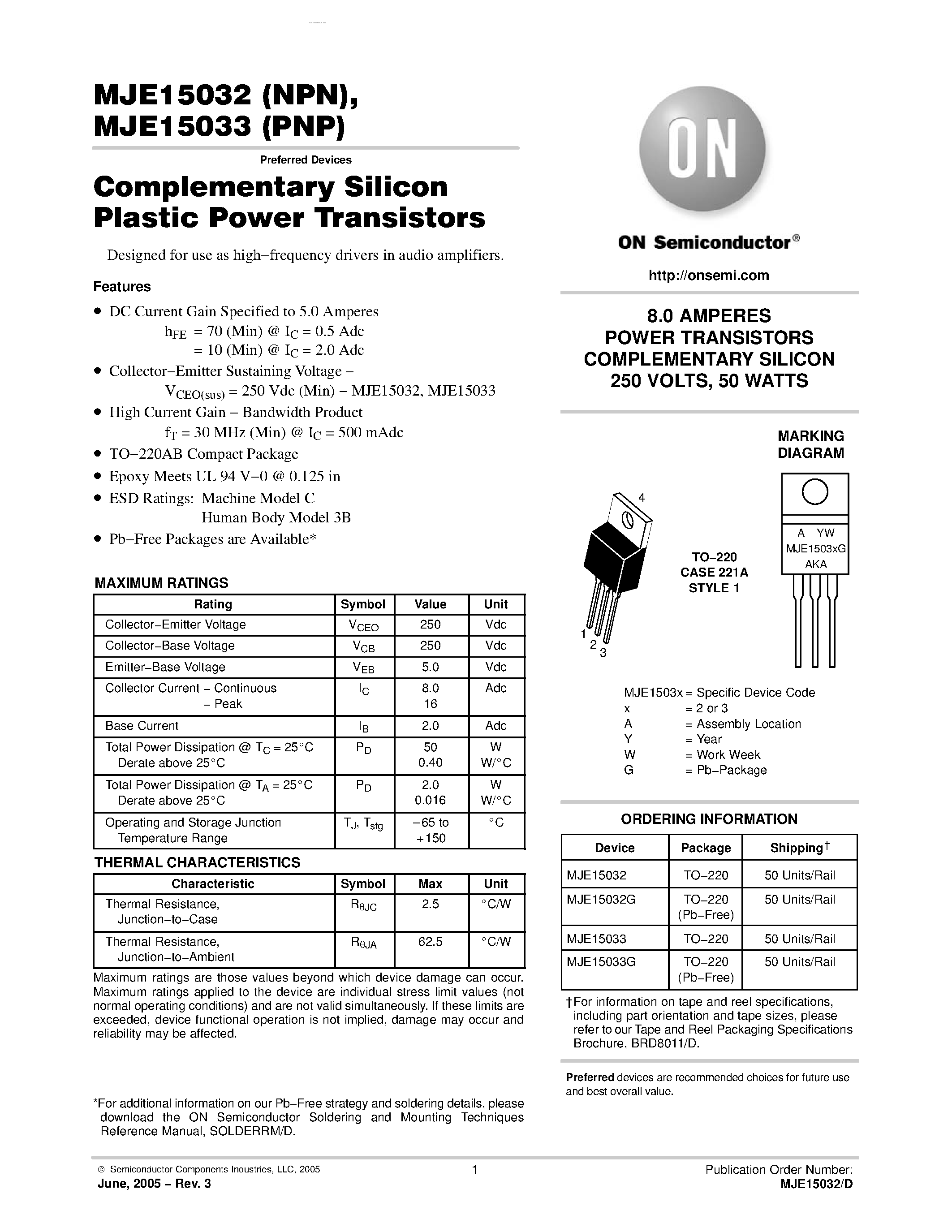 Datasheet MJE15032 - POWER TRANSISTORS COMPLEMENTARY SILICON page 1