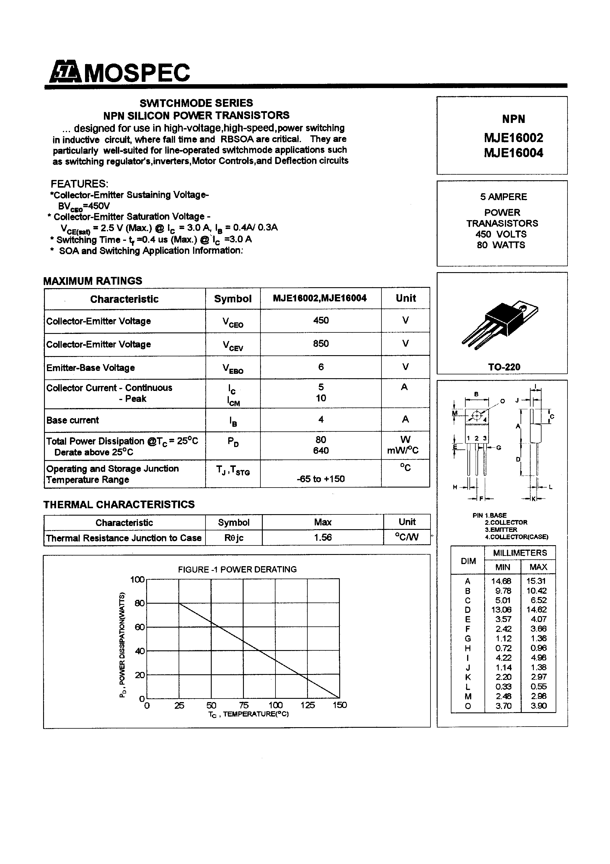 Datasheet MJE16002 - POWER TRANSISTORS(5A /450V /80W) page 1