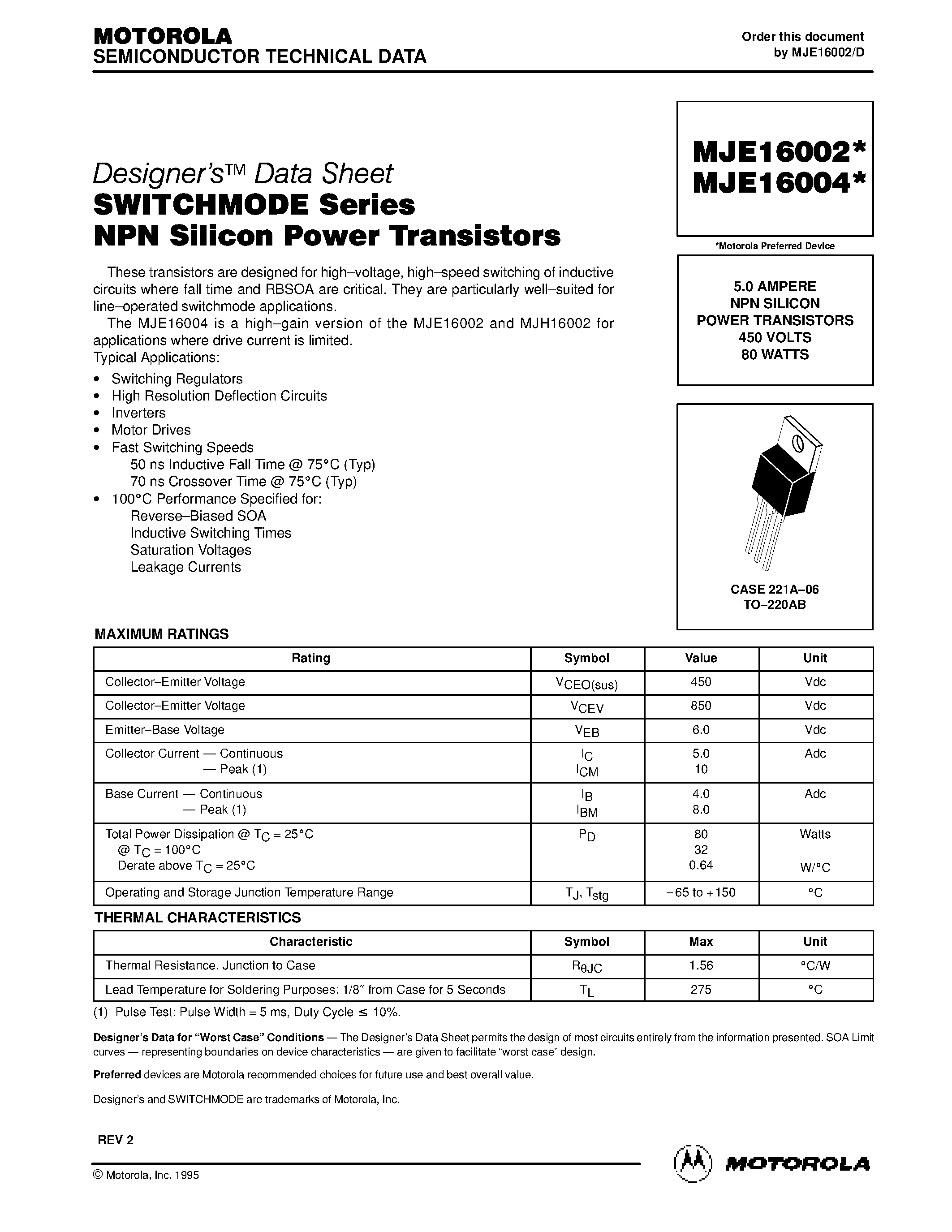 Datasheet MJE16002 page 1 Datasheet MJE16002 - 5.0 AMPERE NPN SILICON POWER TRANSISTORS 450 VOLTS 80 WATTS page 1