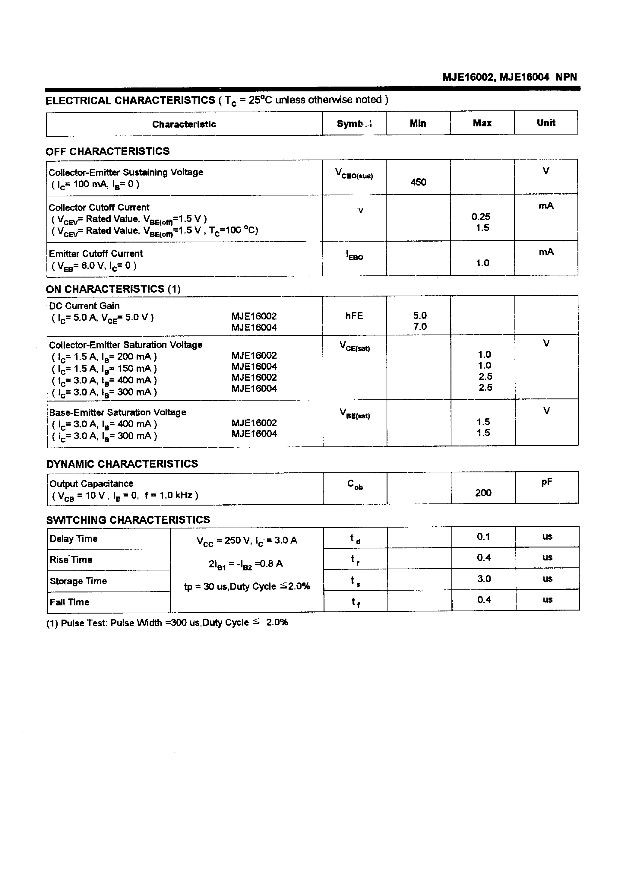 Datasheet MJE16004 - POWER TRANSISTORS(5A /450V /80W) page 2