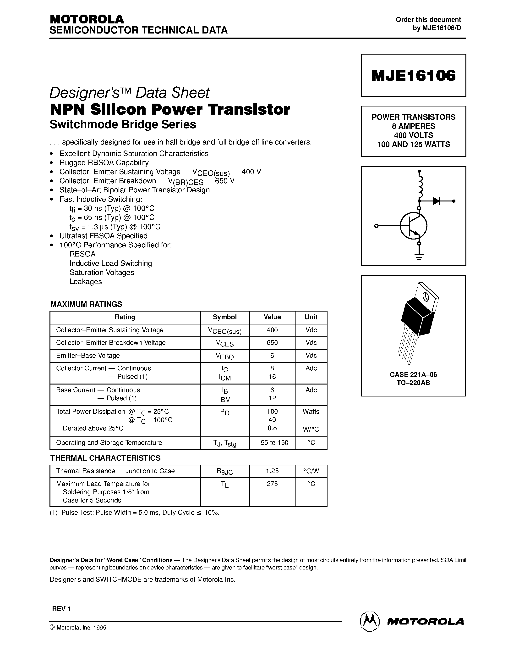 Datasheet MJE16106 - POWER TRANSISTORS 8 AMPERES 400 VOLTS 100 AND 125 WATTS page 1