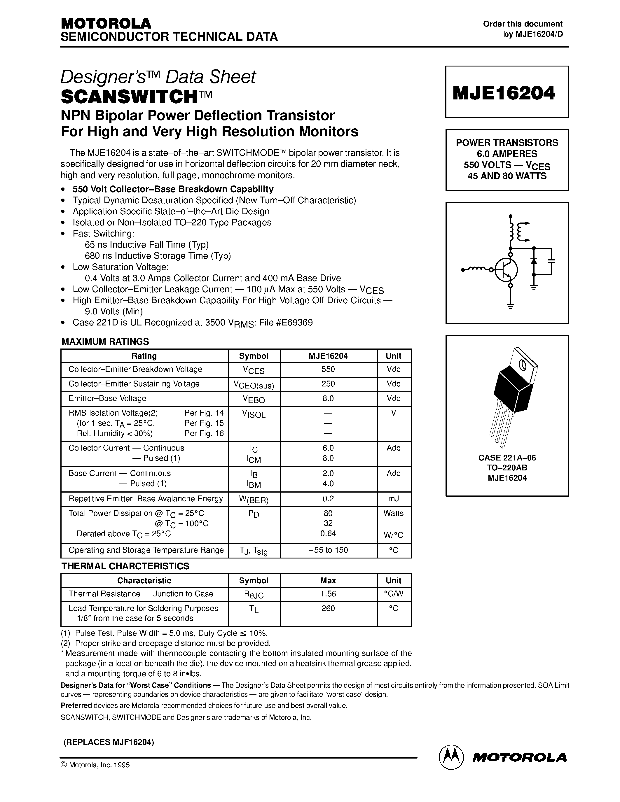 Datasheet MJE16204 - POWER TRANSISTORS 6.0 AMPERES 550 VOLTS-. VCES 45 AND 80 WATTS page 1