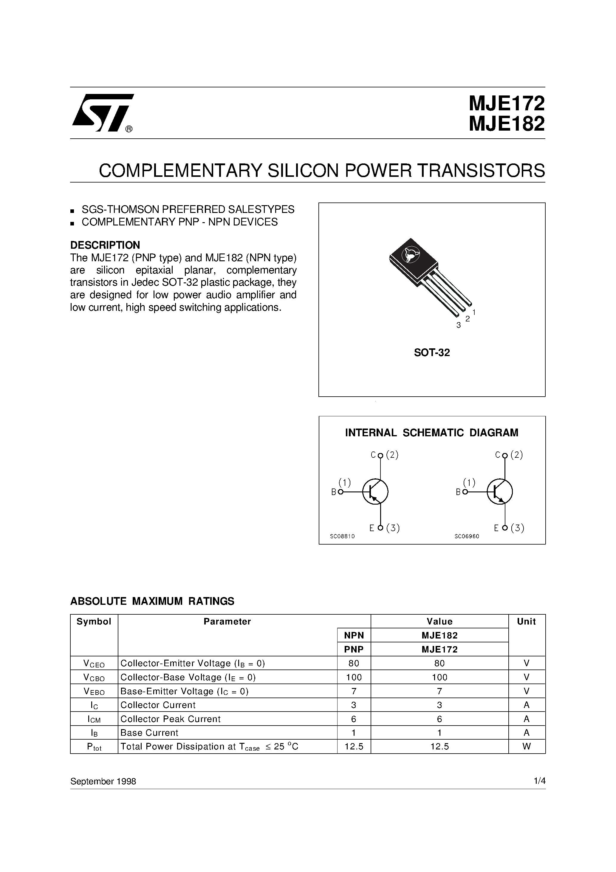Datasheet MJE172 - COMPLEMENTARY SILICON POWER TRANSISTORS page 1