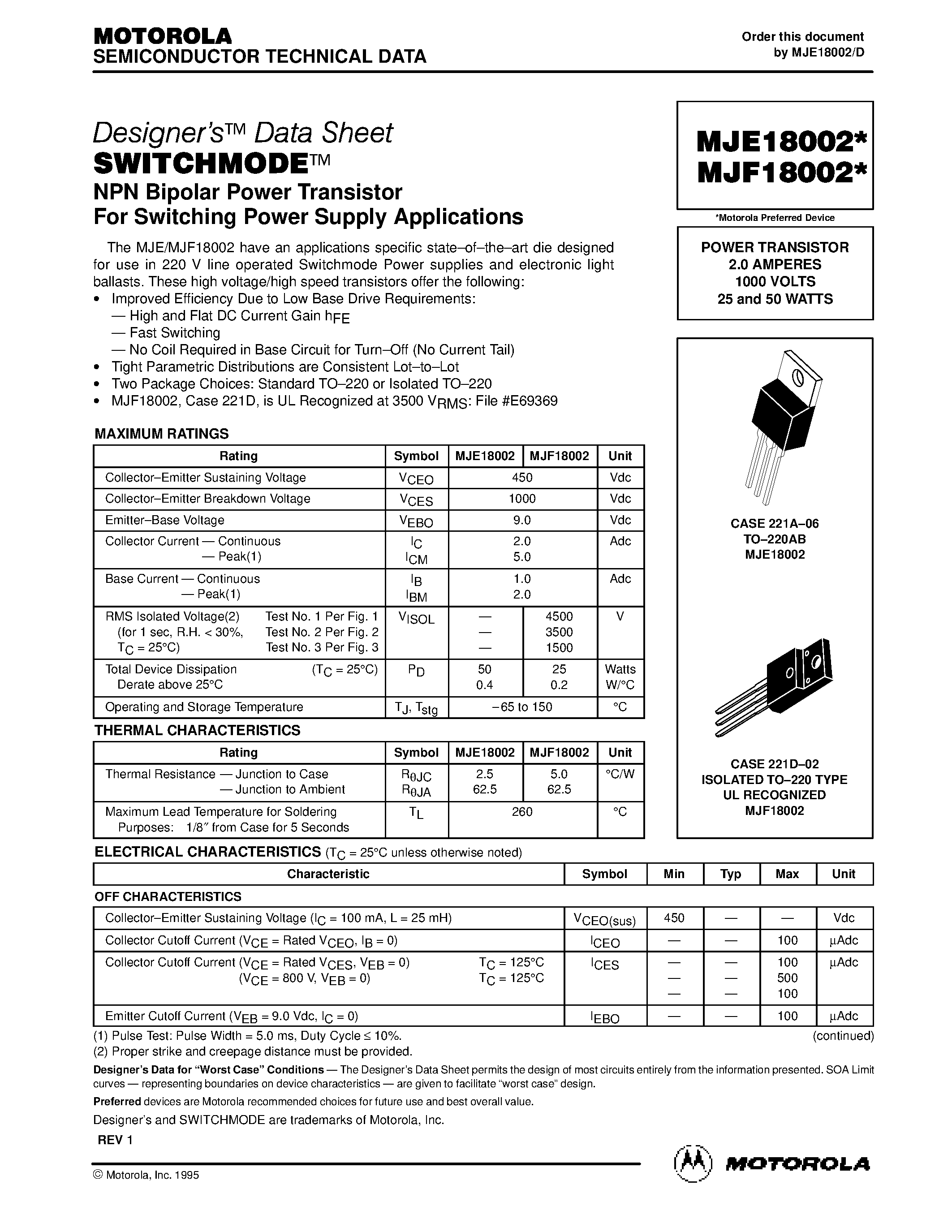 Datasheet MJE18002 - POWER TRANSISTOR page 1