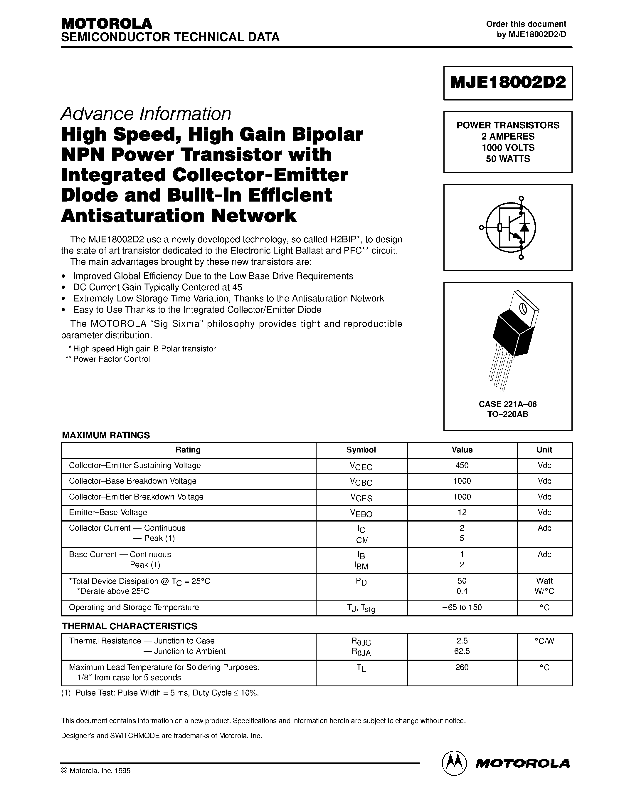 Datasheet MJE18002D2 - POWER TRANSISTORS 2 AMPERES 1000 VOLTS 50 WATTS page 1