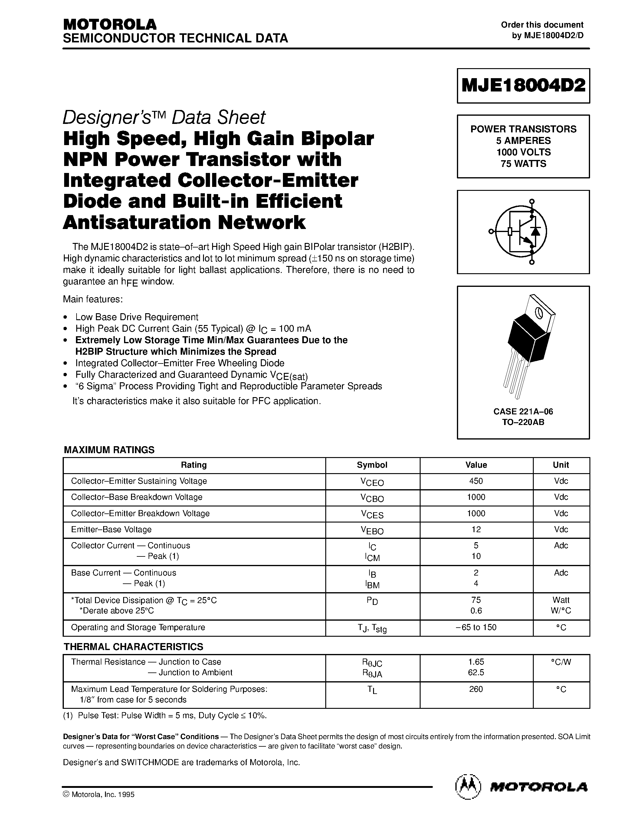 Datasheet MJE18004D2 - POWER TRANSISTORS 5 AMPERES 1000 VOLTS 75 WATTS page 1