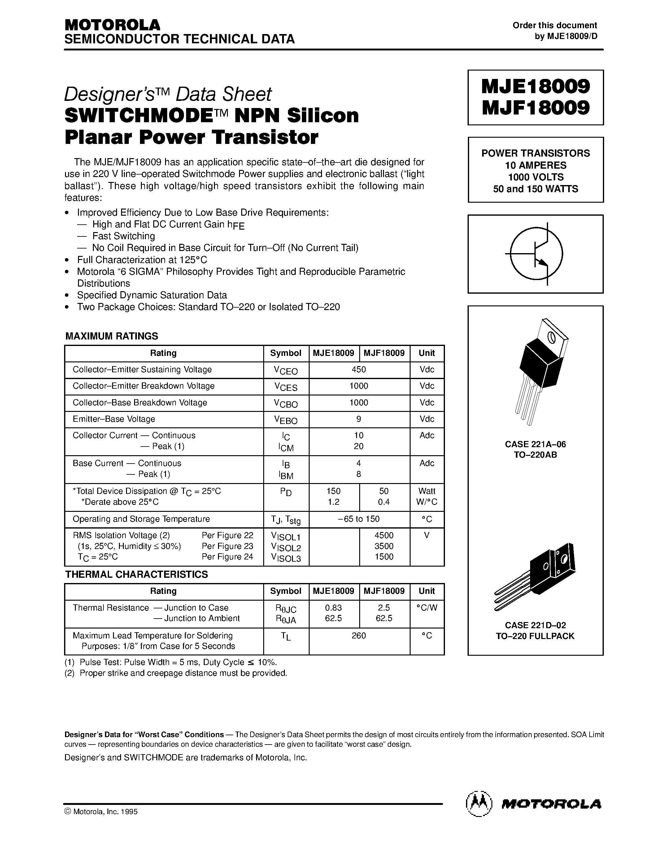 Datasheet MJE18009 - POWER TRANSISTORS 10 AMPERES 1000 VOLTS 50 and 150 WATTS page 1