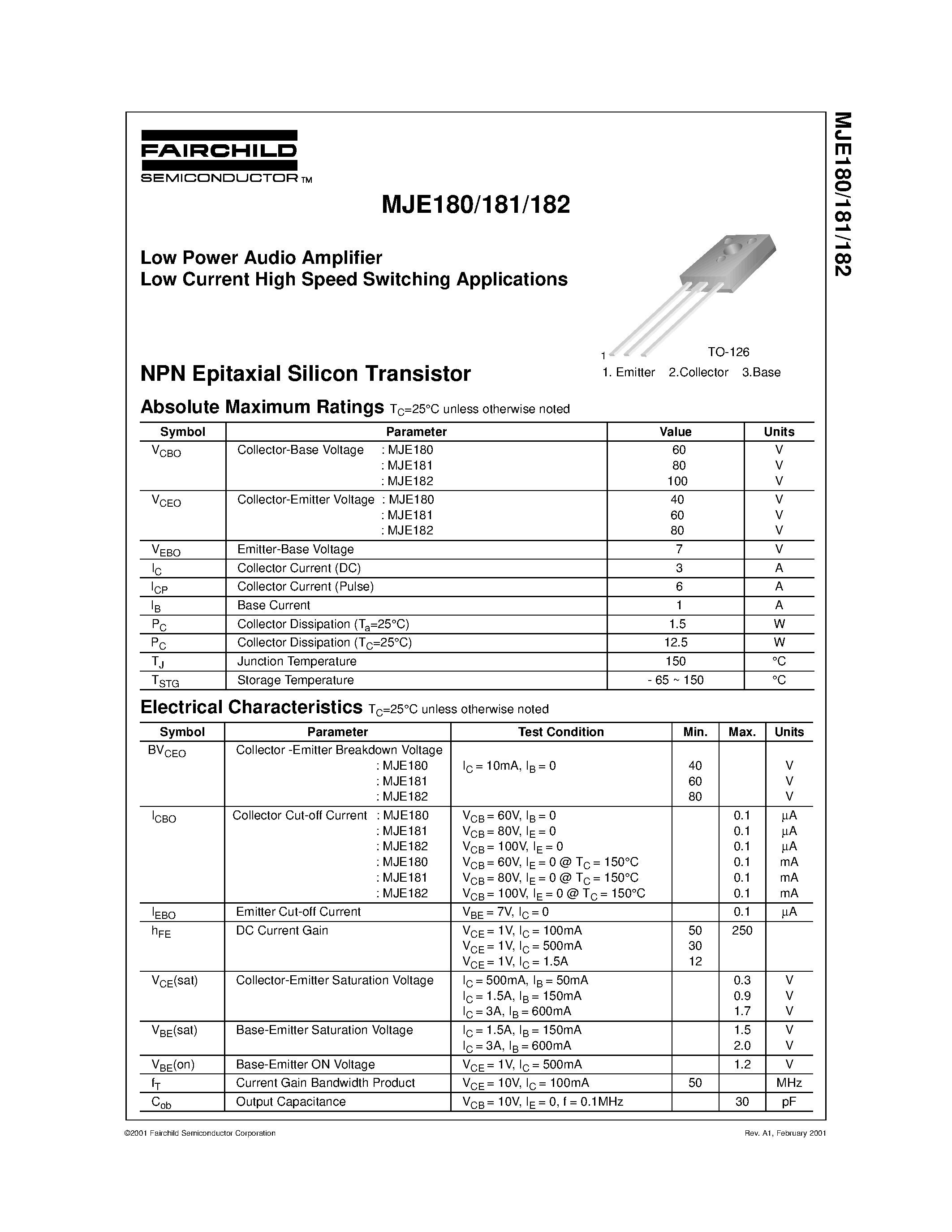 Datasheet MJE181 - Low Power Audio Amplifier Low Current High Speed Switching Applications page 1