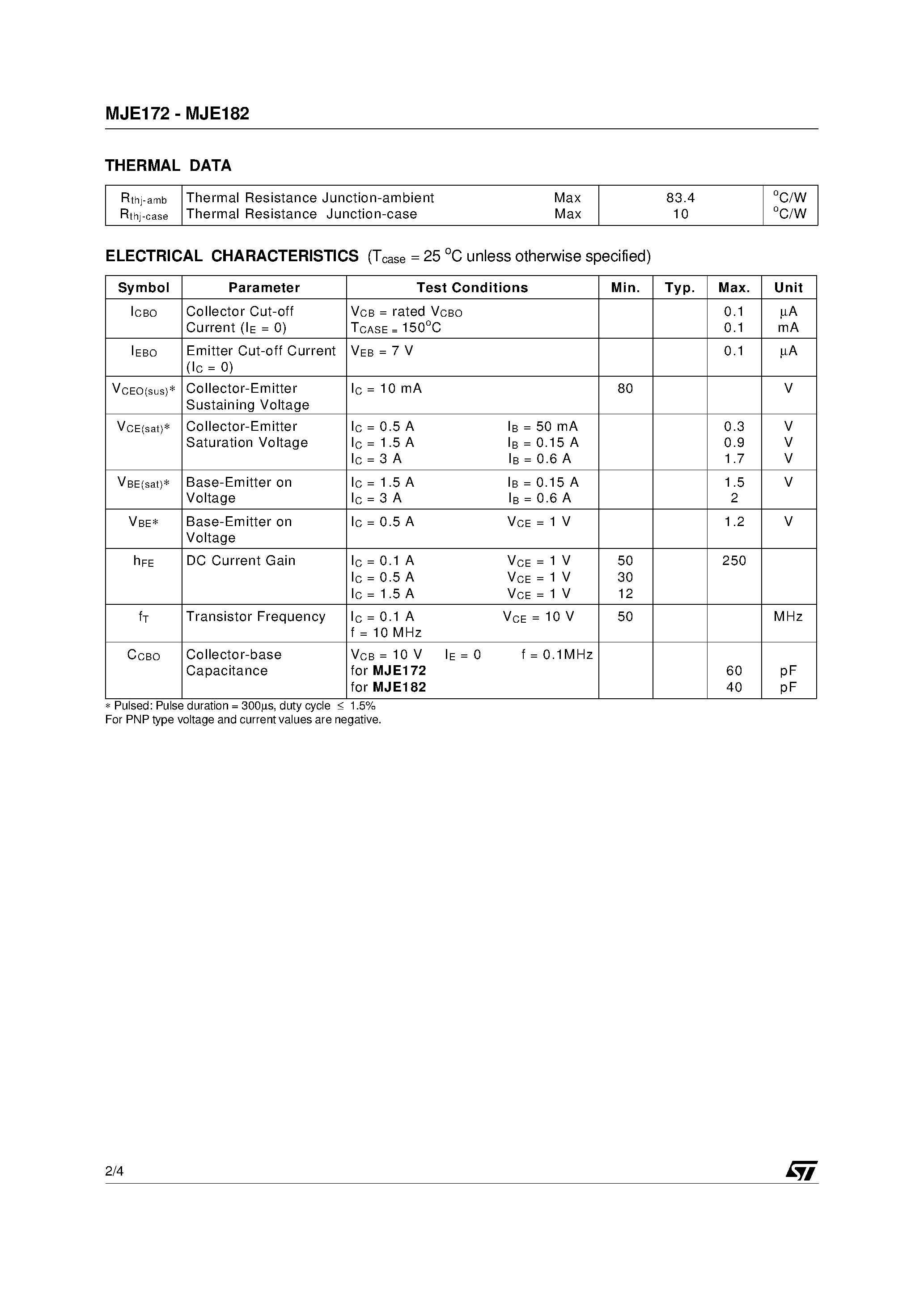 Datasheet MJE182 - COMPLEMENTARY SILICON POWER TRANSISTORS page 2