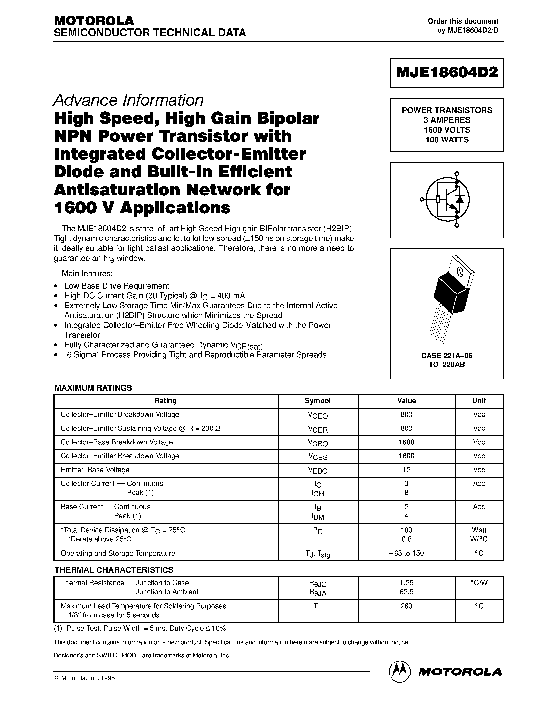 Datasheet MJE18604D2 - POWER TRANSISTORS 3 AMPERES 1600 VOLTS 100 WATTS page 1