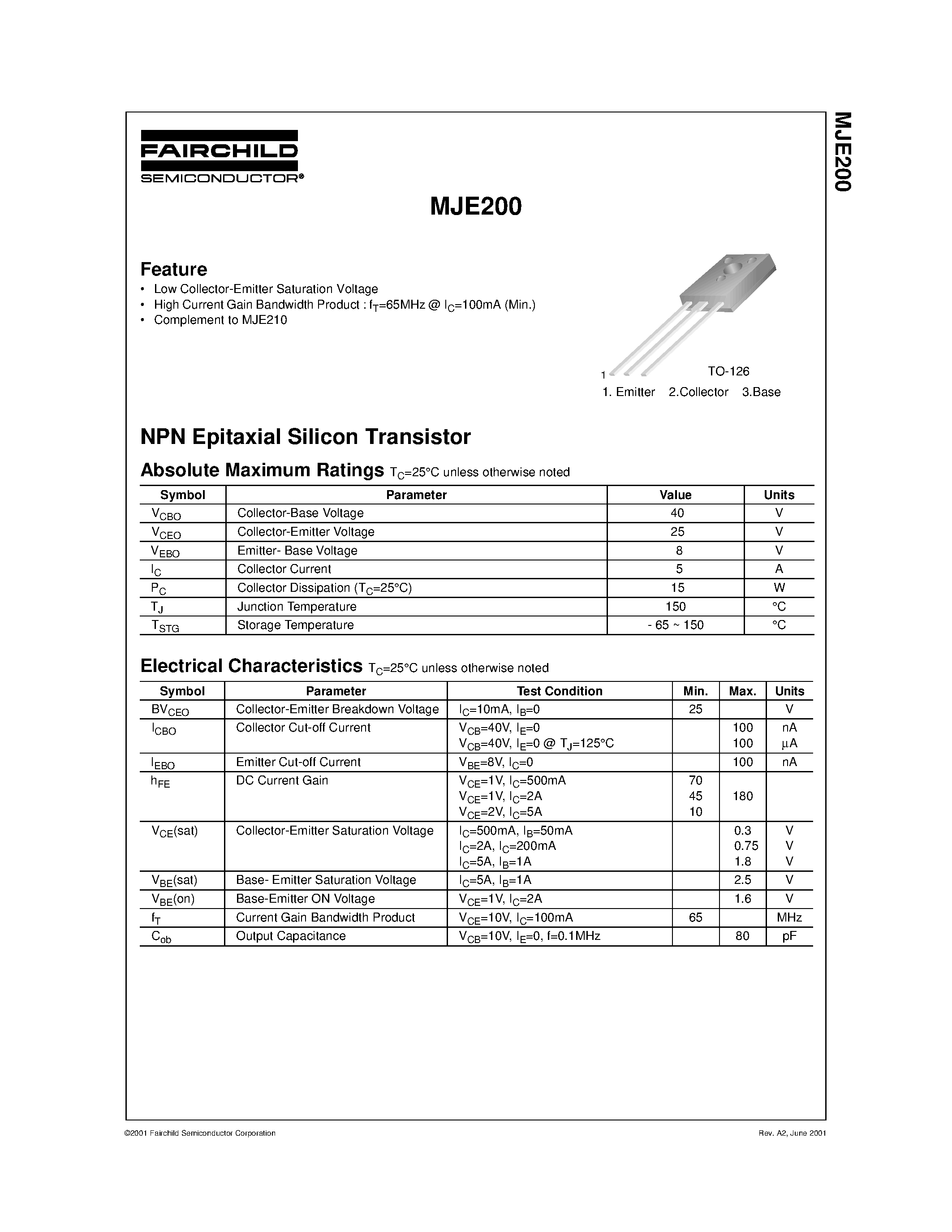Datasheet MJE200 - NPN Epitaxial Silicon Transistor page 1