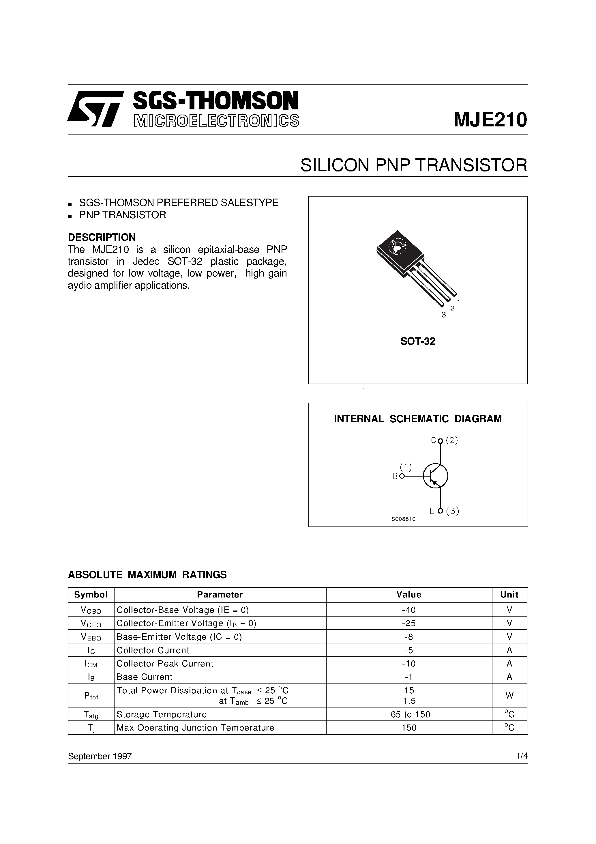 Datasheet MJE210 - SILICON PNP TRANSISTOR page 1