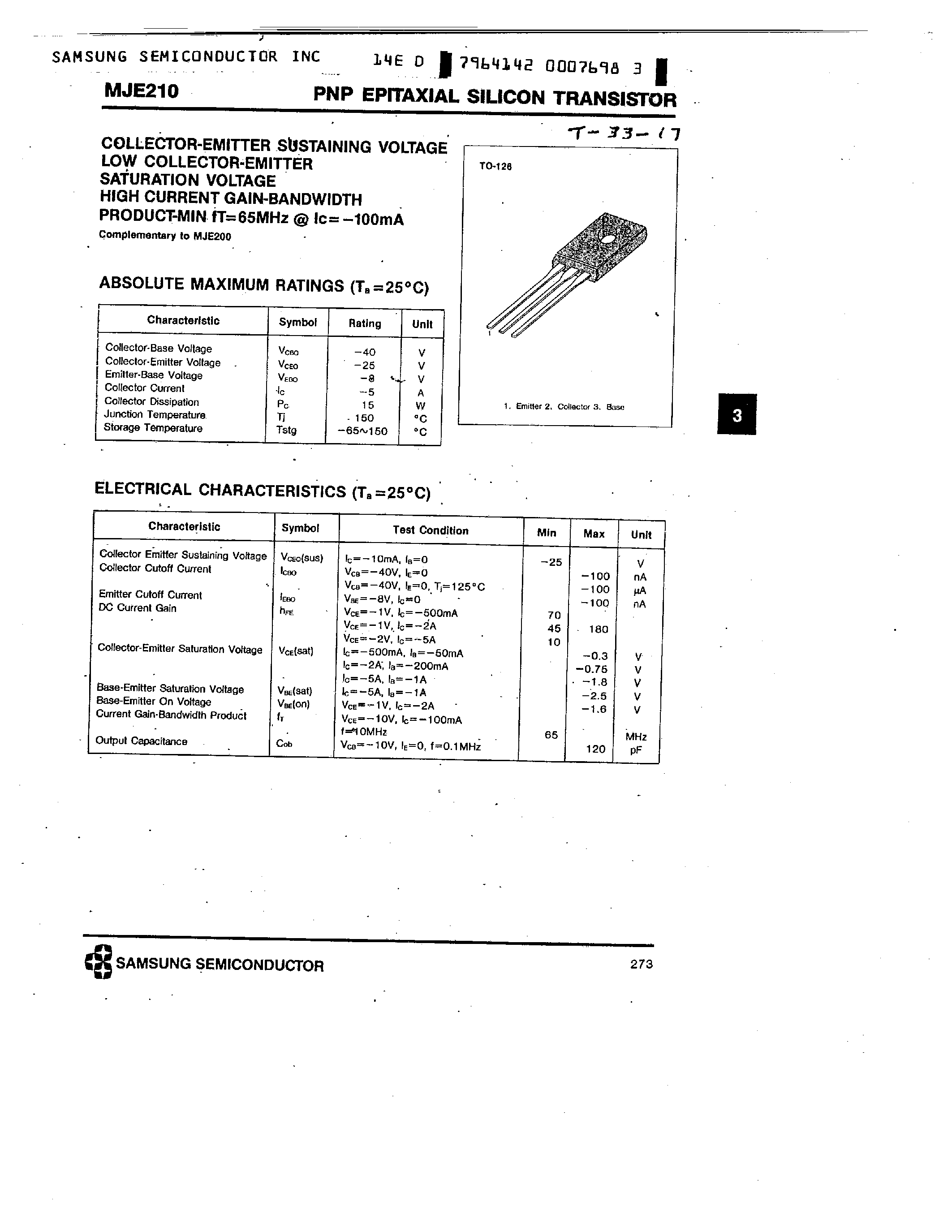Datasheet MJE210 - PNP (COLLECTOR-EMITTER SUSTAINING VOLTAGE LOW COLLECTOR-EMITTER) page 1