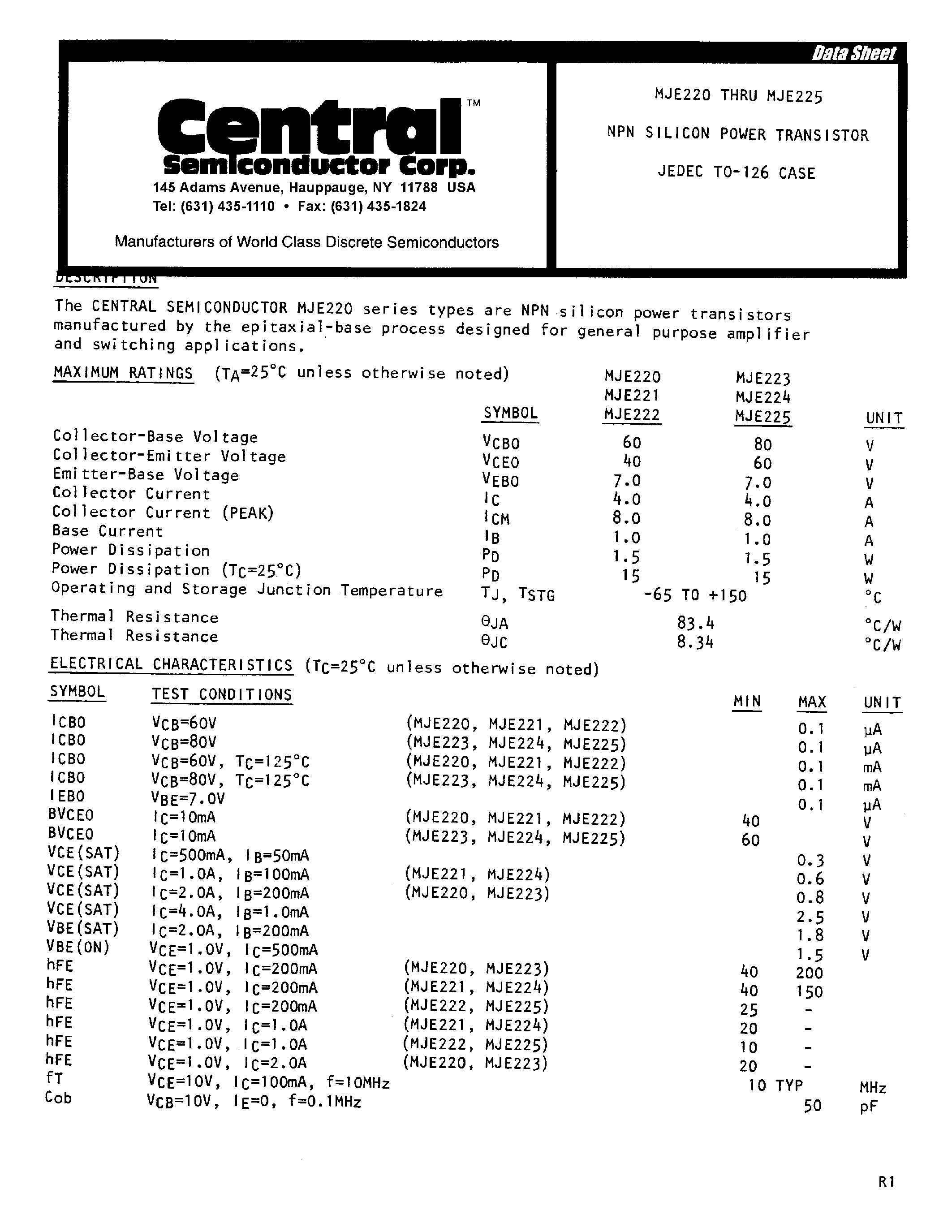 Datasheet MJE222 - NPN SILICON POWER TRANSISTOR page 1