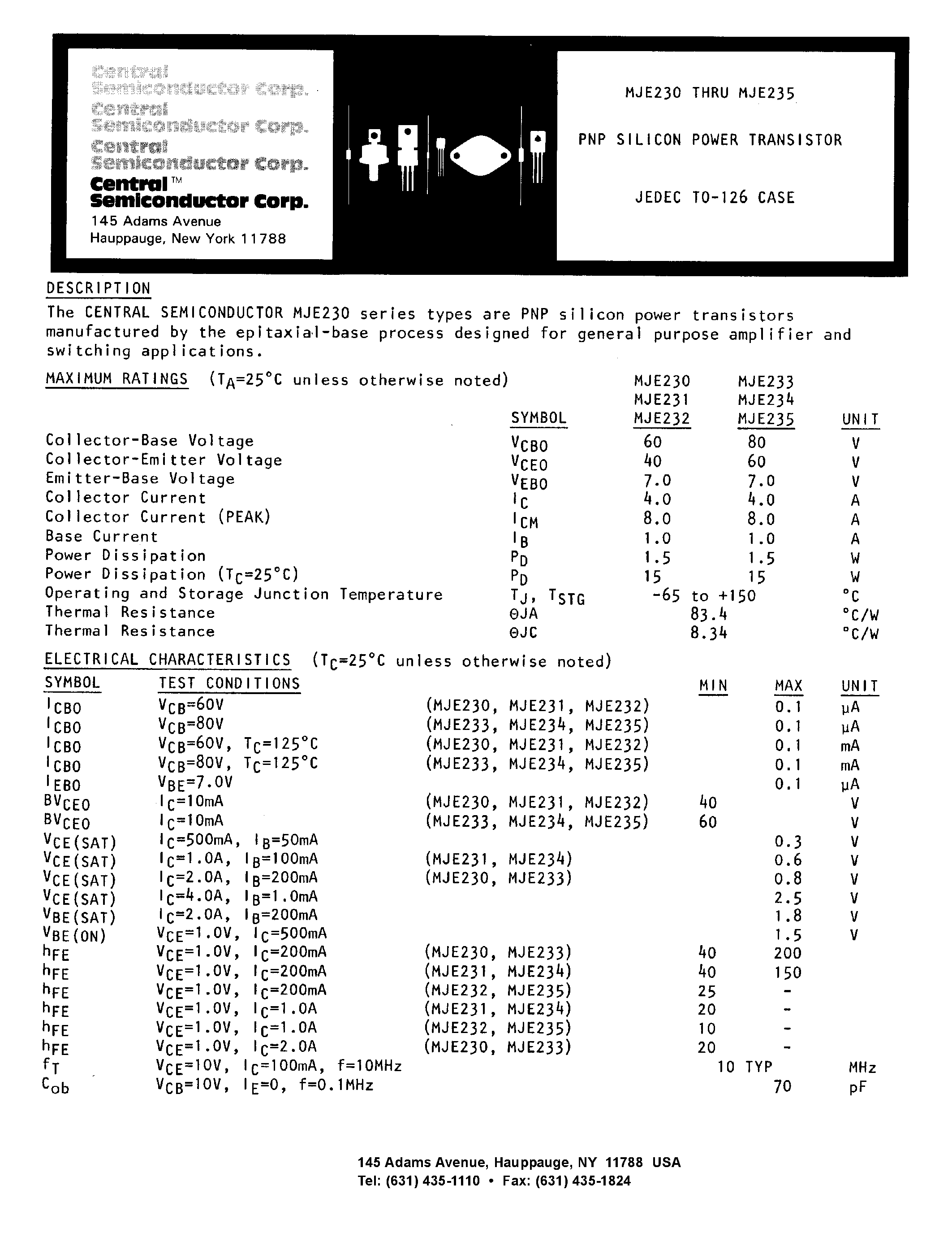 Datasheet MJE231 - PNP SILICON POWER TRANSISTOR page 1