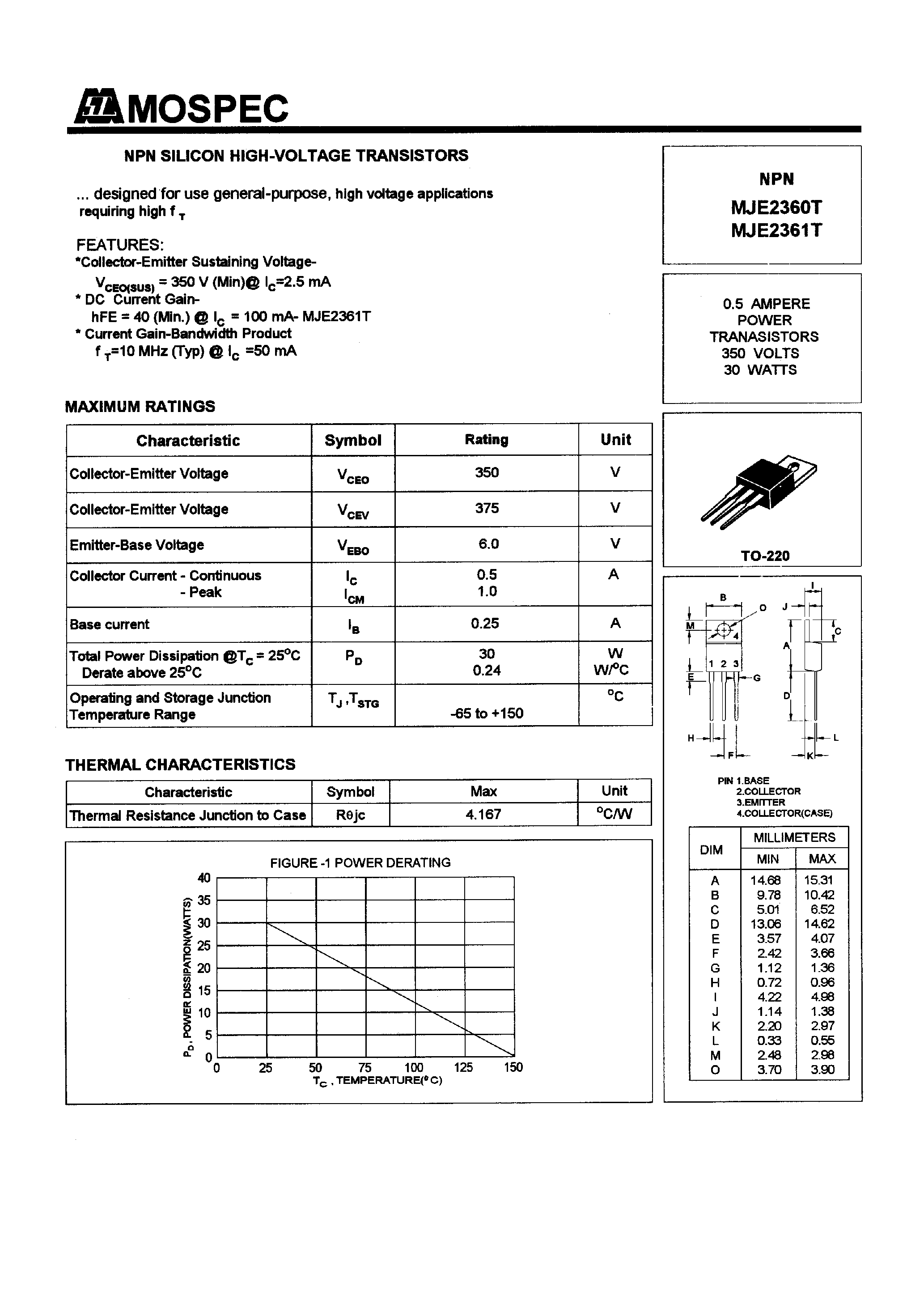 Datasheet MJE2360T - POWER TRANSISTORS(0.5A /350V /30W) page 1